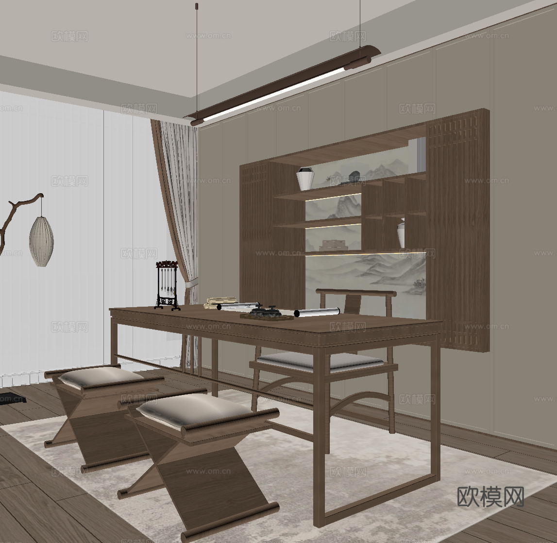 新中式书房 书桌椅 书柜 宋氏书房 茶室su模型