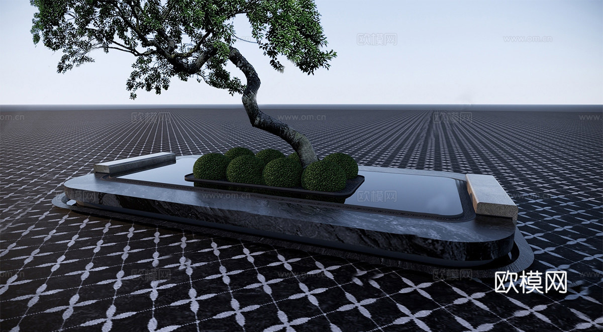 现代轻奢水景 示范区入口环岛 环岛跌水景观su模型下载（渲染图1）