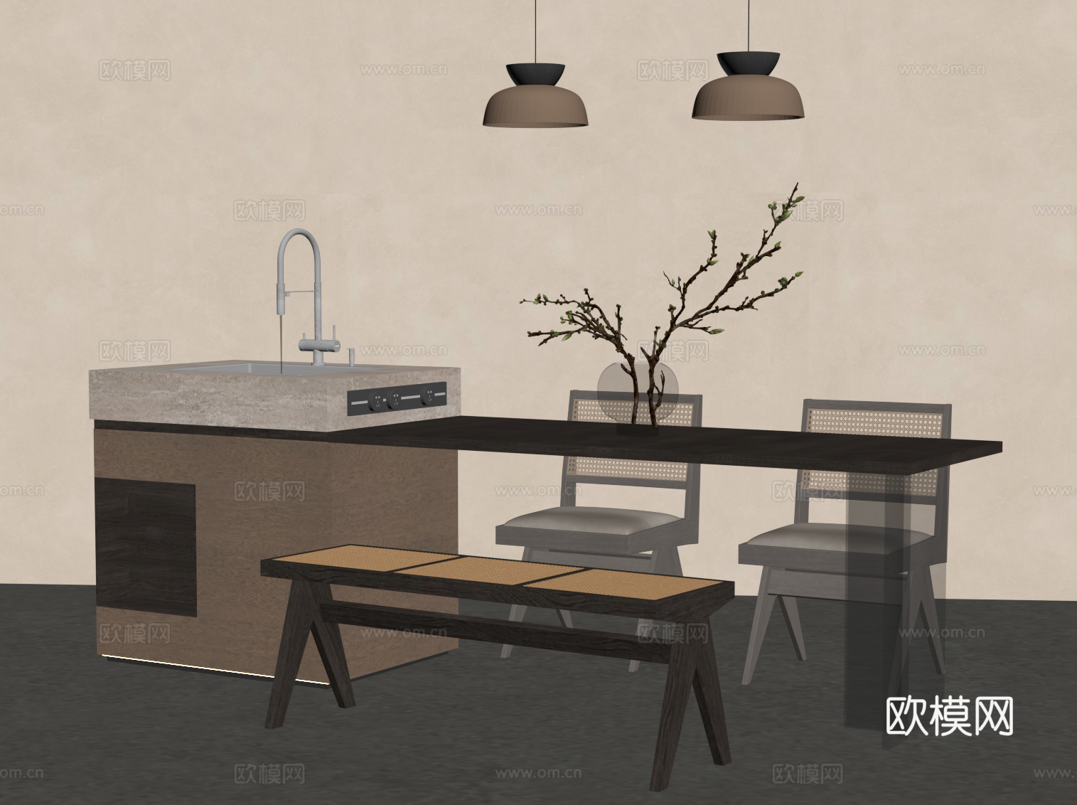 中古风岛台 餐桌椅su模型