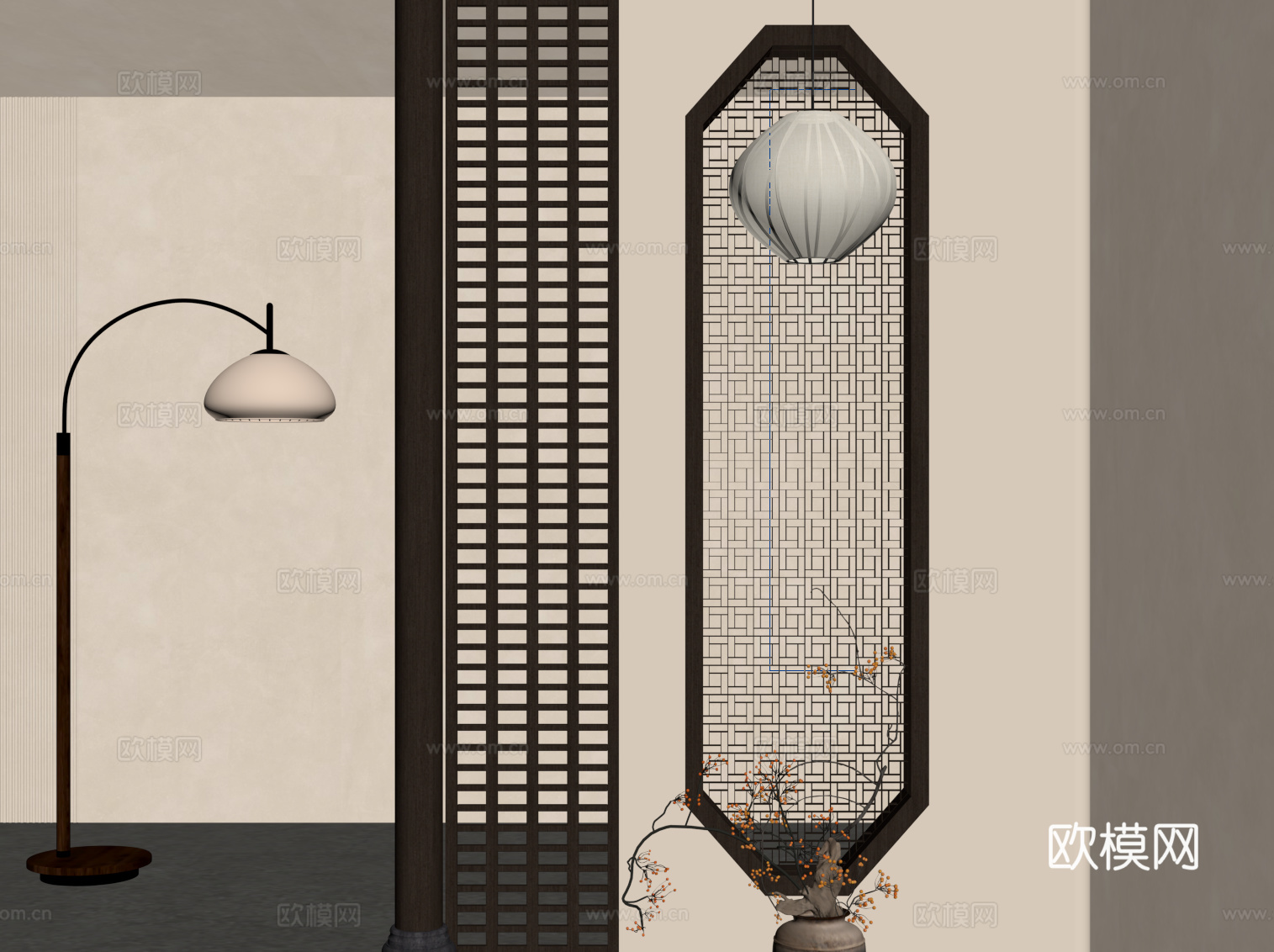 新中式玄关 隔断 落地灯su模型