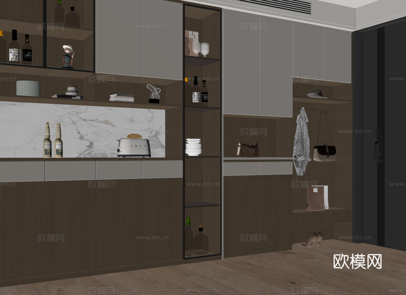 现代意式入户鞋柜酒柜一体柜 玻璃酒柜 装饰鞋柜 多功能柜su模型下载（渲染图1）