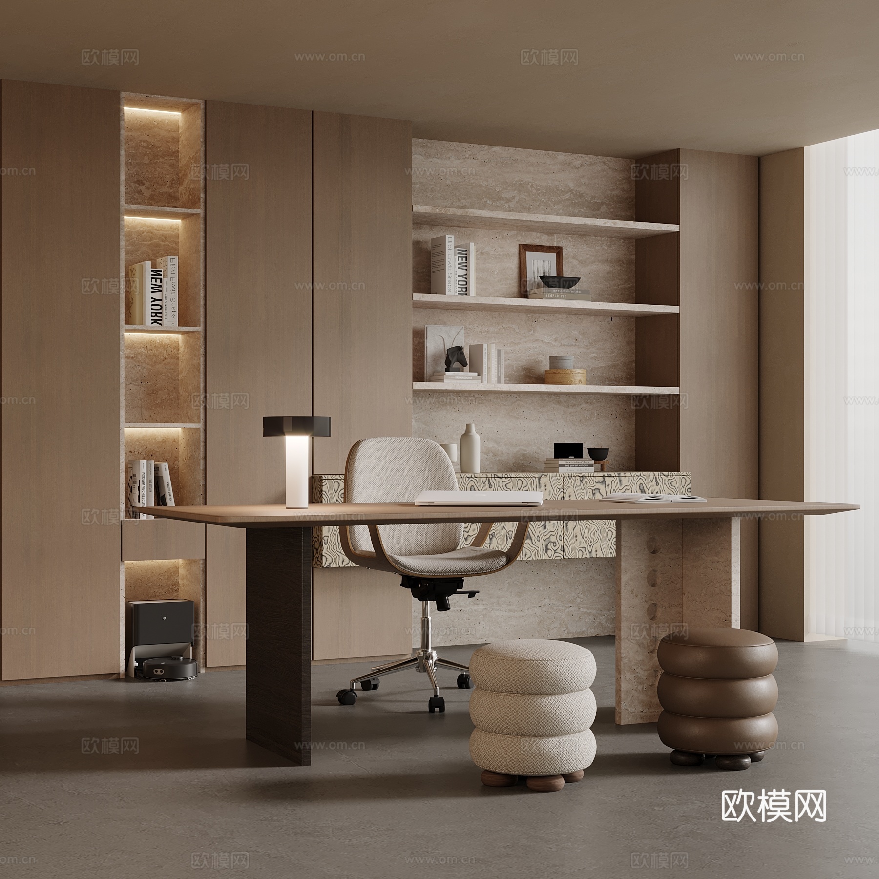 侘寂风书房 书柜 书桌椅 中古风书房su模型