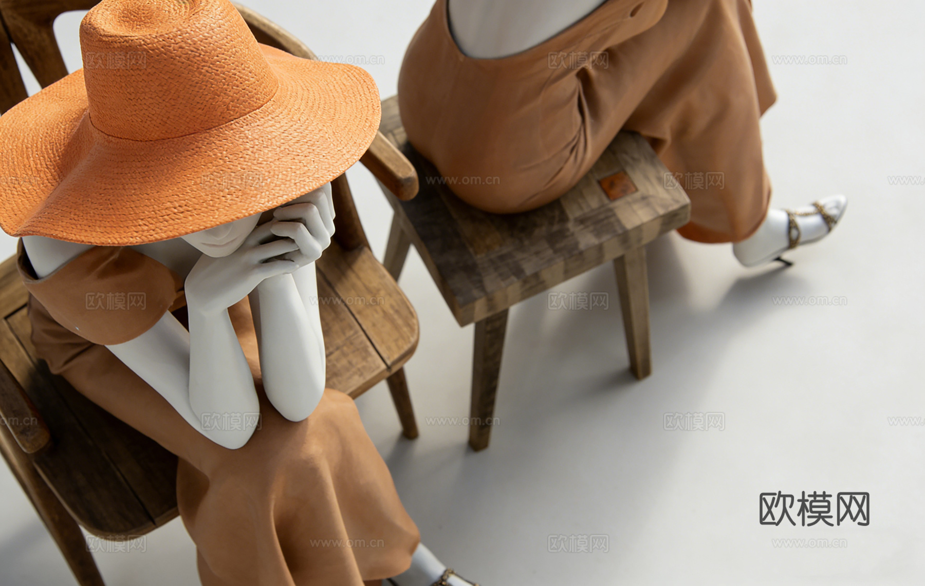 现代优雅女性坐姿人体模特 橙色长裙戴帽 宽檐帽 服装道具su模型