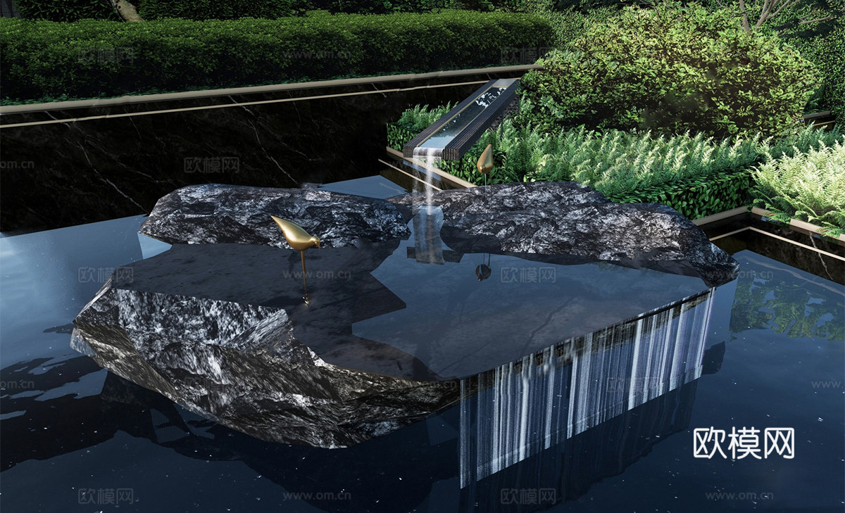 新中式水景 跌水景石 流水景石 流水景观su模型