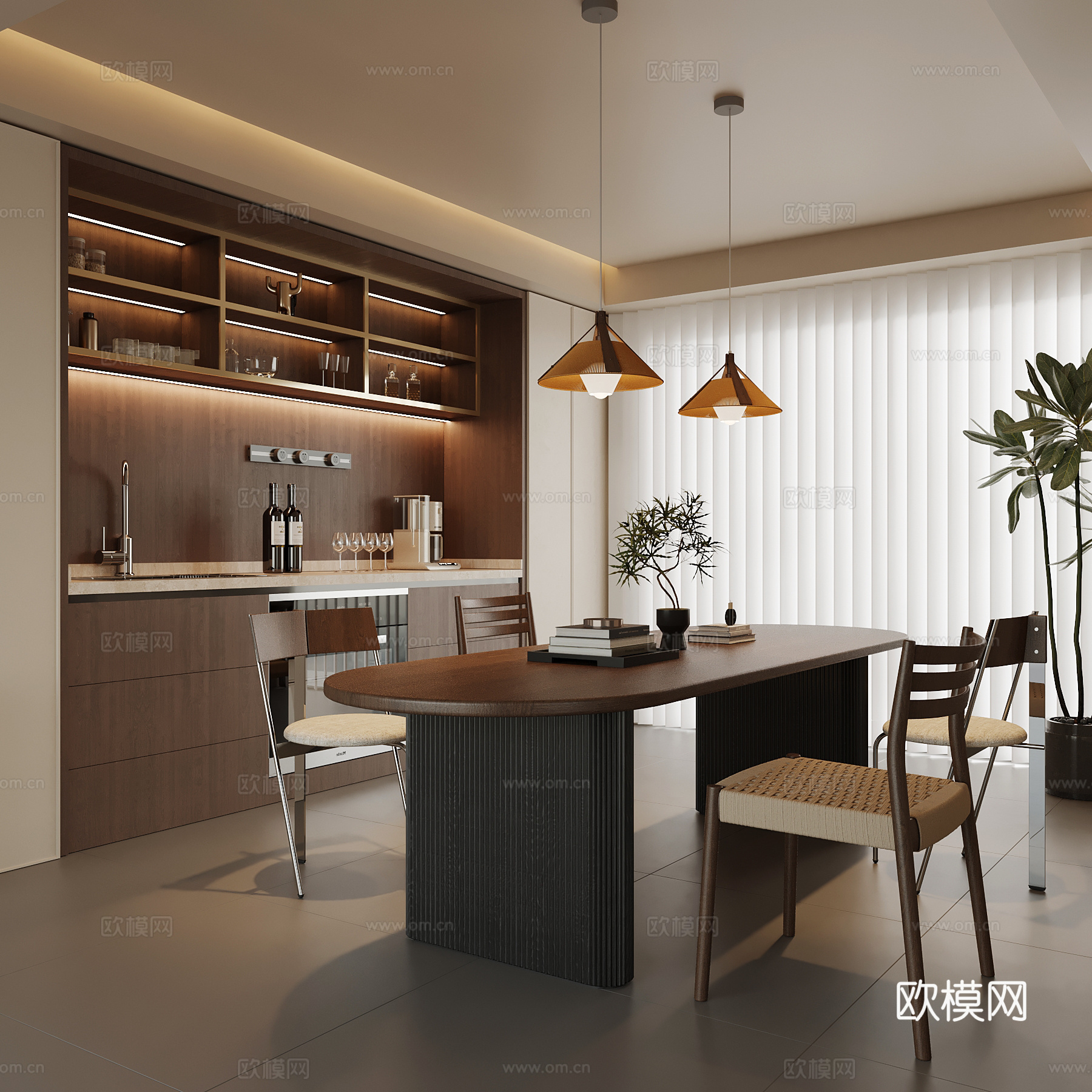 中古风餐厅 橱柜 餐边柜 餐桌椅su模型