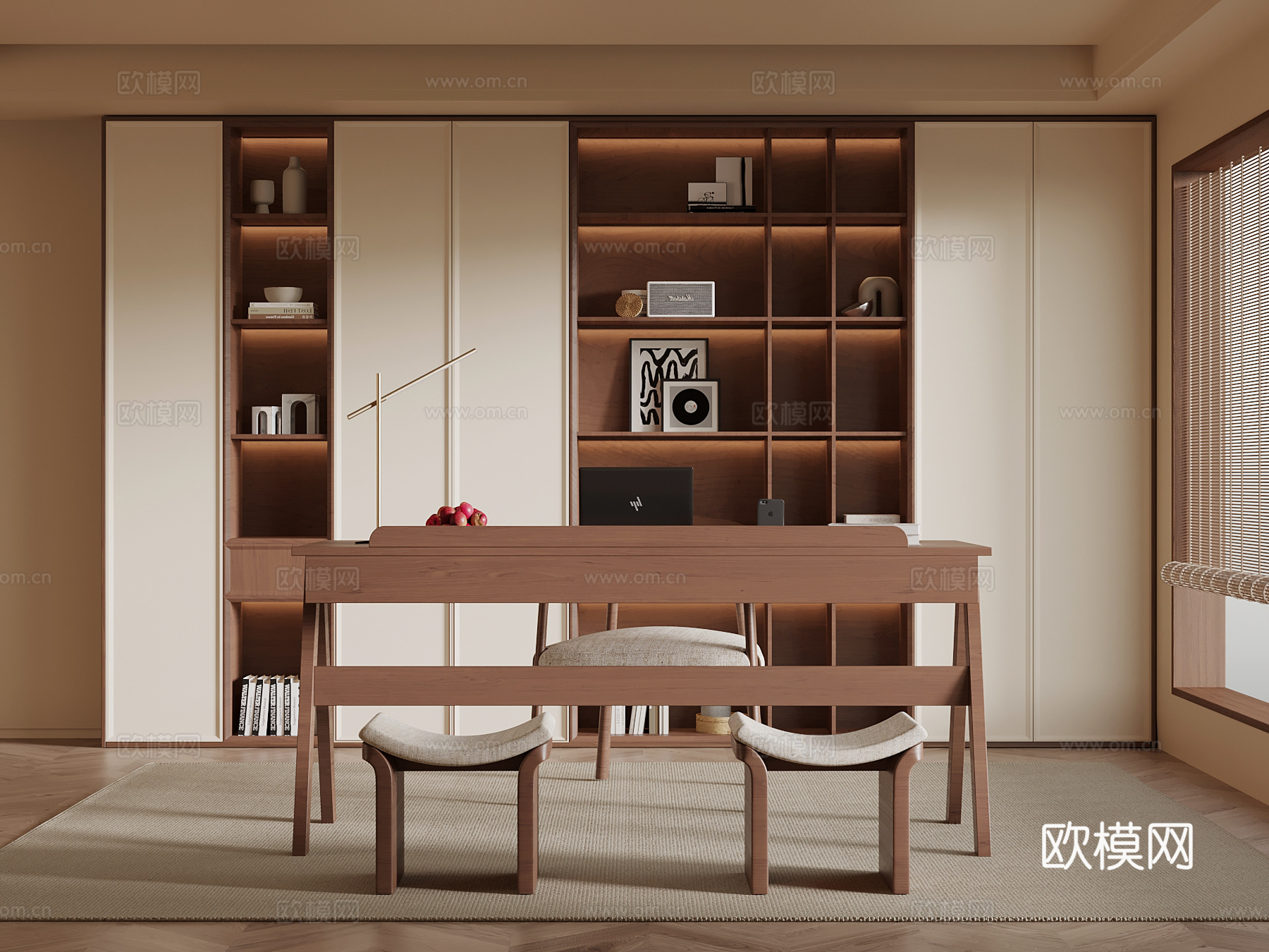 中古风书房 书桌椅 书柜su模型