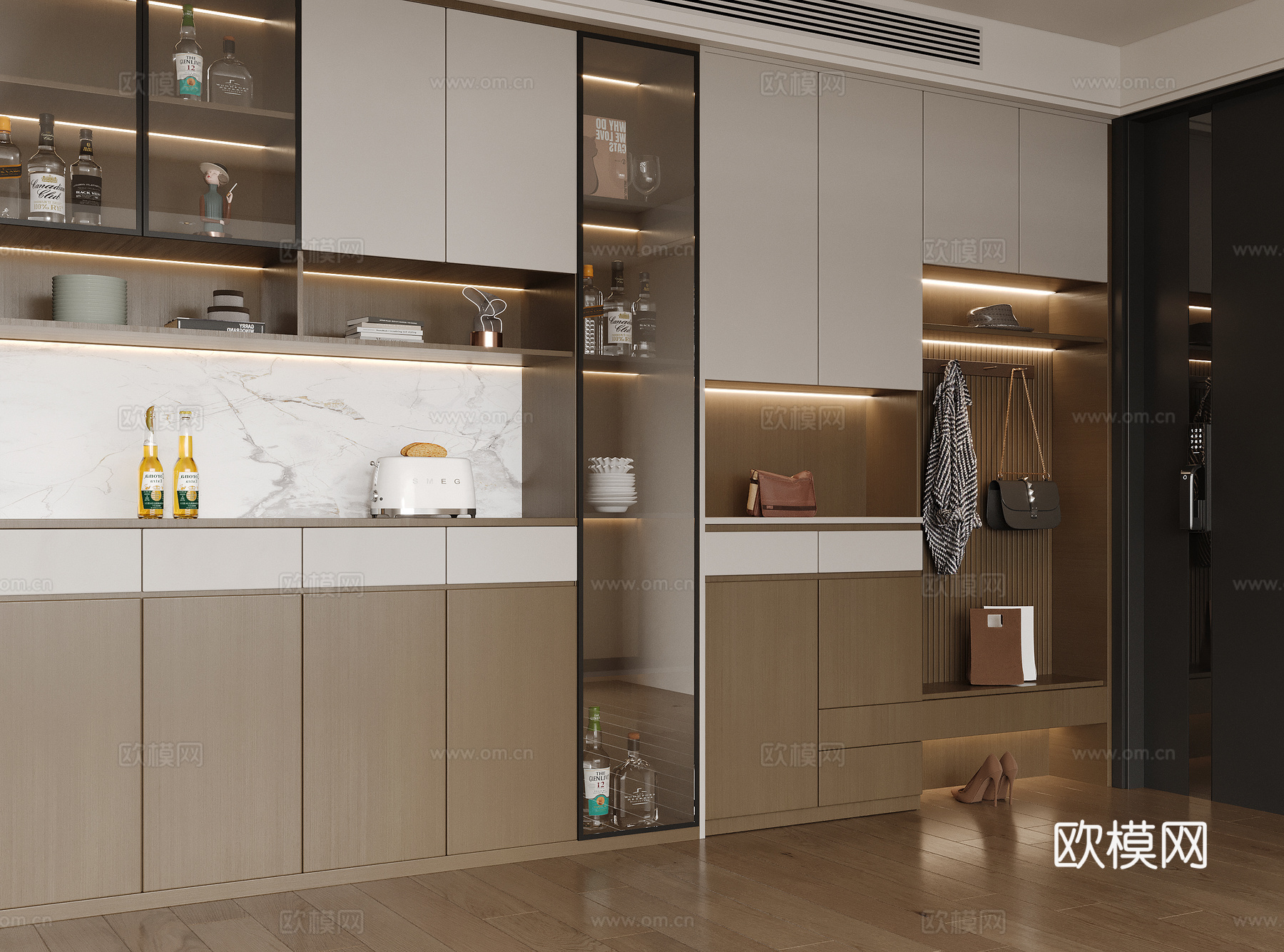 现代意式入户鞋柜酒柜一体柜 玻璃酒柜 装饰鞋柜 多功能柜su模型下载（渲染图2）