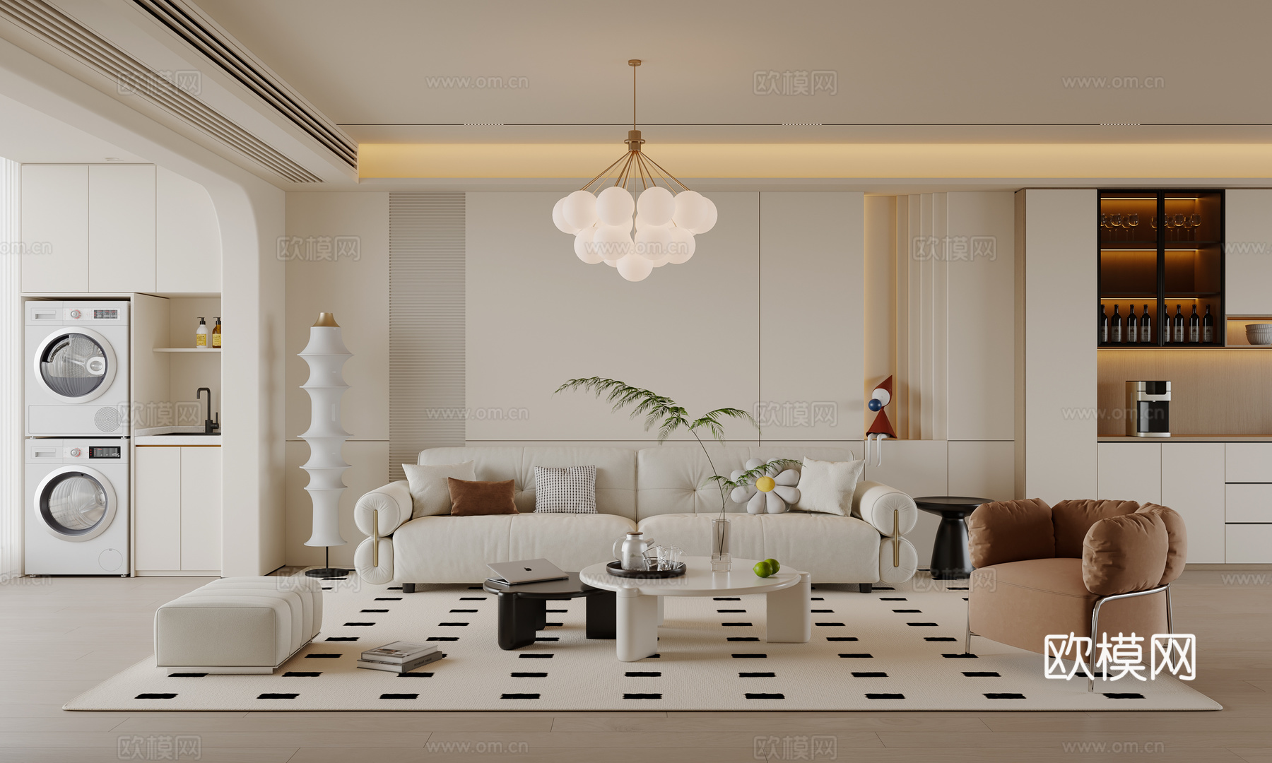 现代奶油风客厅 沙发茶几 多人沙发 吊灯 落地灯 地毯3d模型
