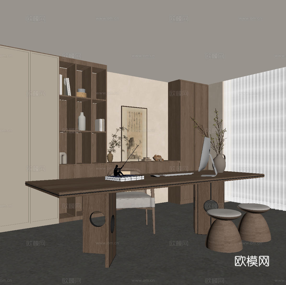 新中式书房 书桌椅 书柜 宋氏书房 茶室su模型