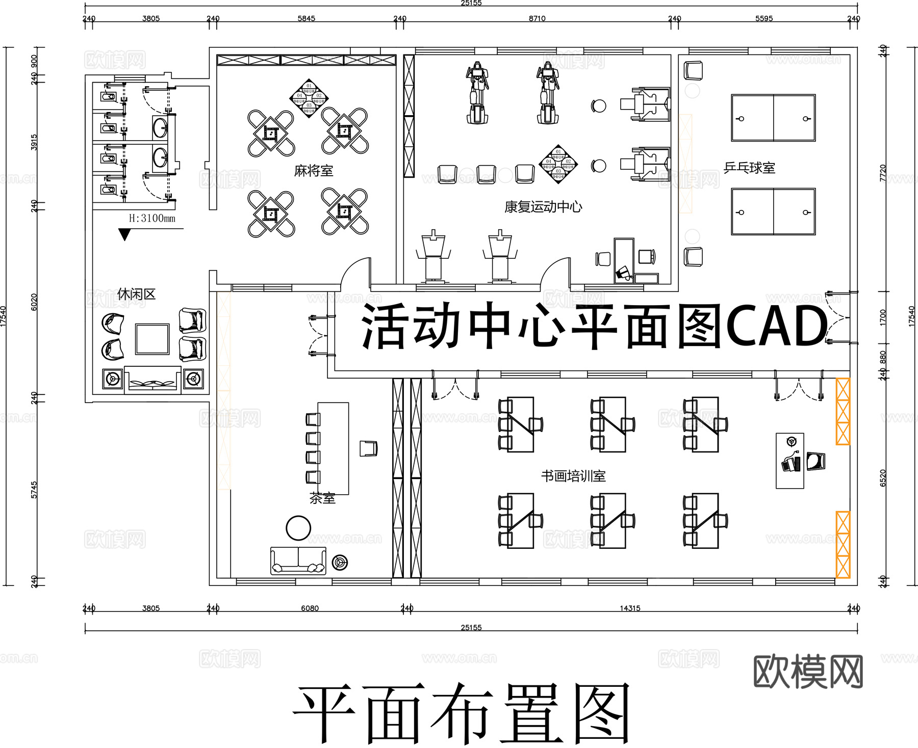 活动中心平面图CADcad施工图下载