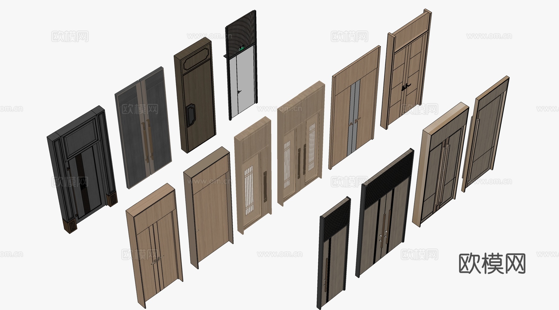 新中式木门 宴会厅门 会议室木门 平开门su模型