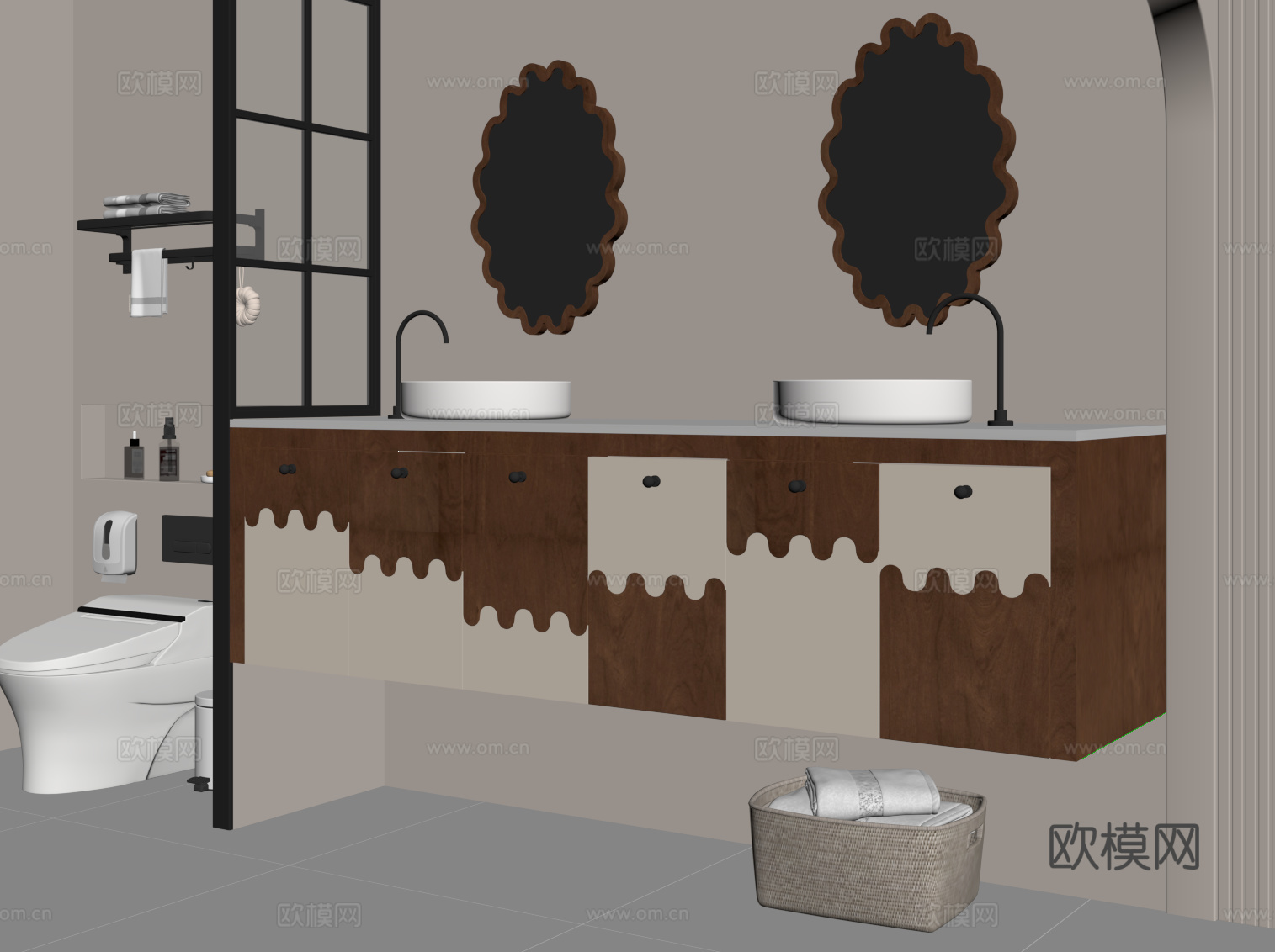 中古风卫生间 浴室柜 马桶su模型