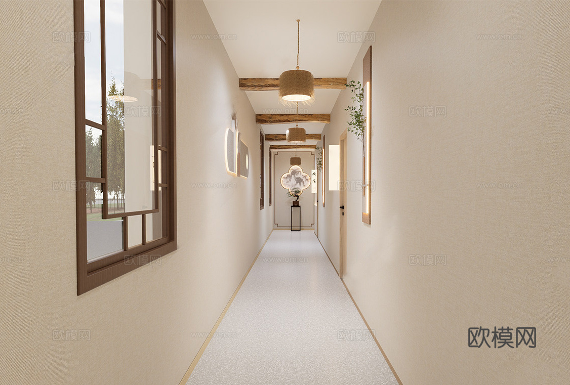 新中式酒店玄关过道 酒店走廊su模型
