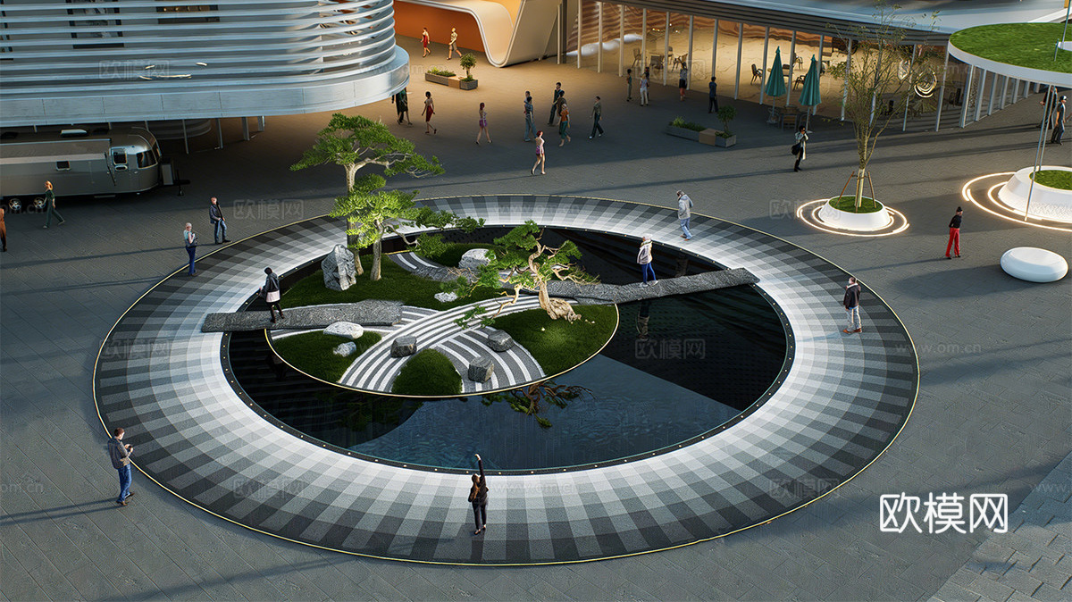 现代简约水景 喷泉 假山水景 镜面水景su模型下载（渲染图1）