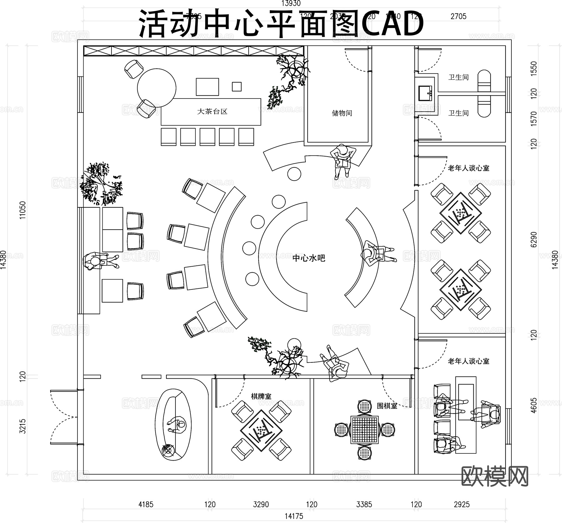 活动中心平面图cad施工图下载
