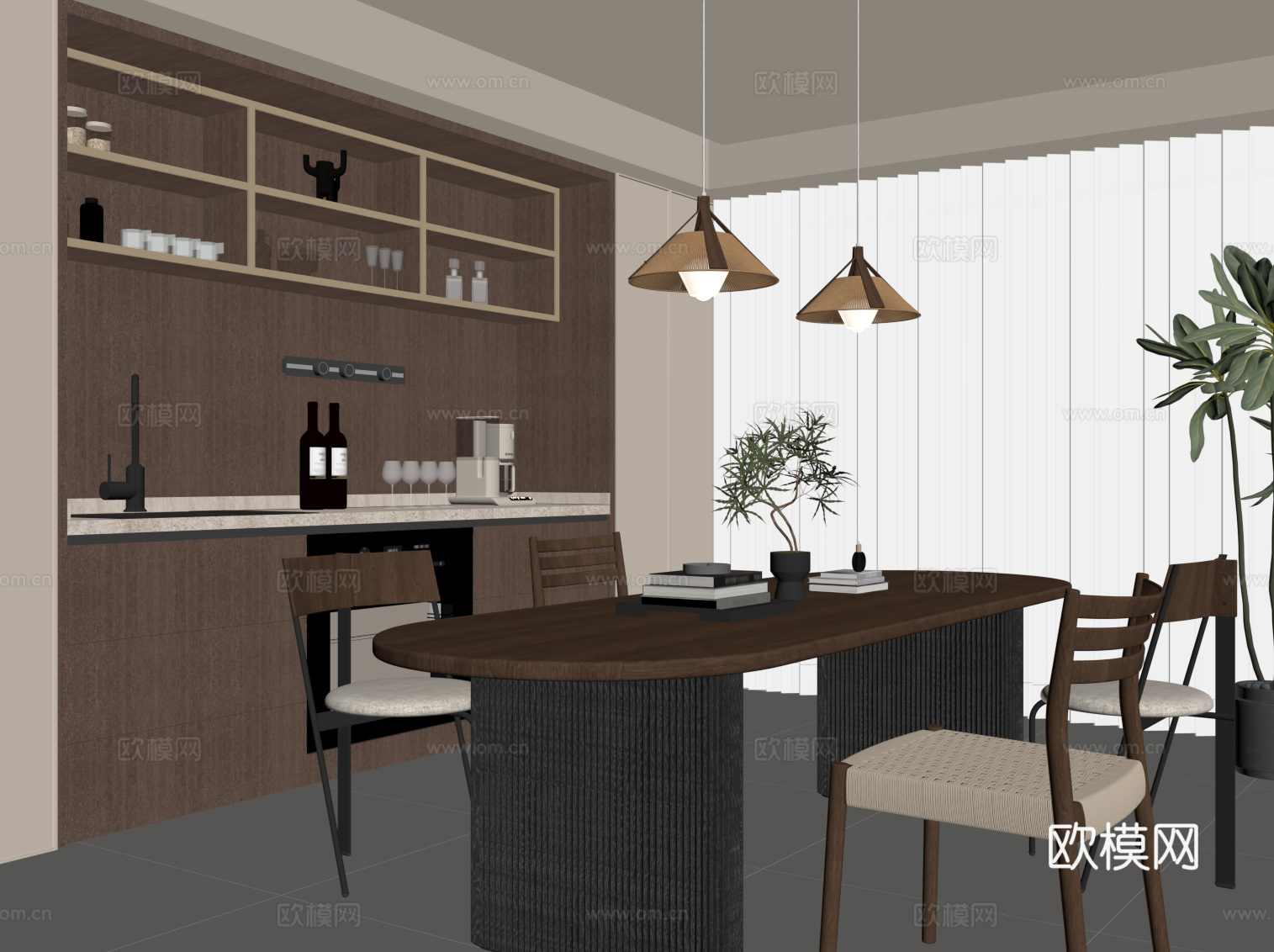 中古风餐厅 橱柜 餐边柜 餐桌椅su模型