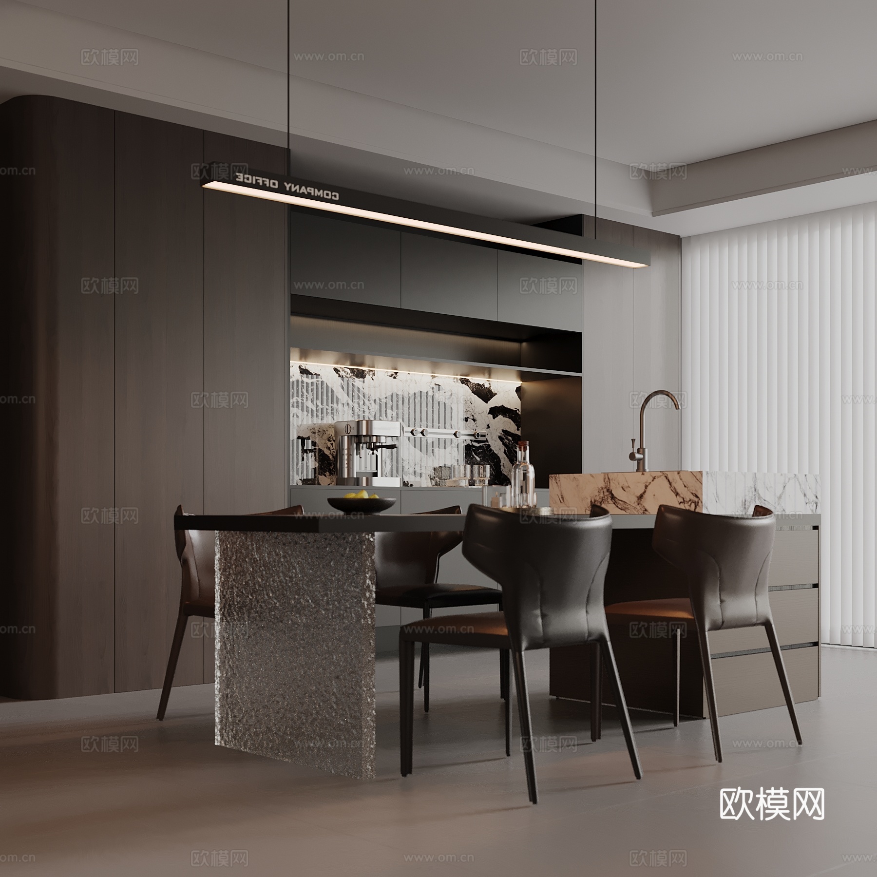 现代意式餐厅 餐桌椅 酒柜 岛台su模型