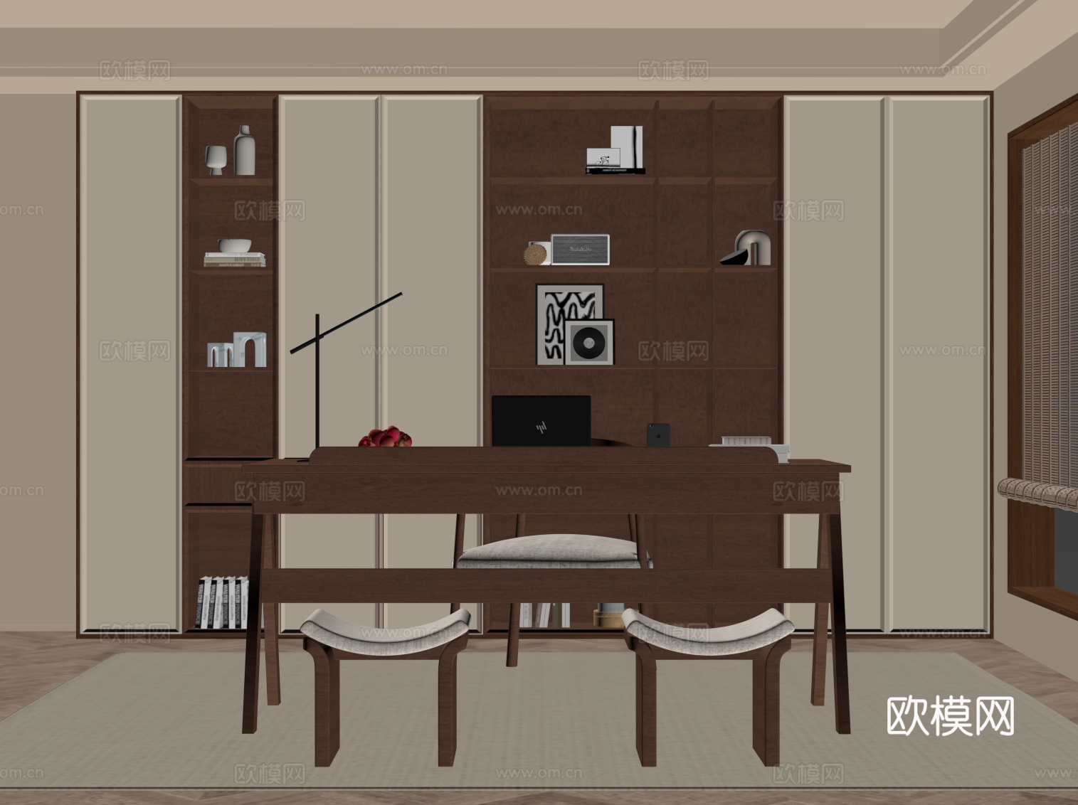 中古风书房 书桌椅 书柜su模型