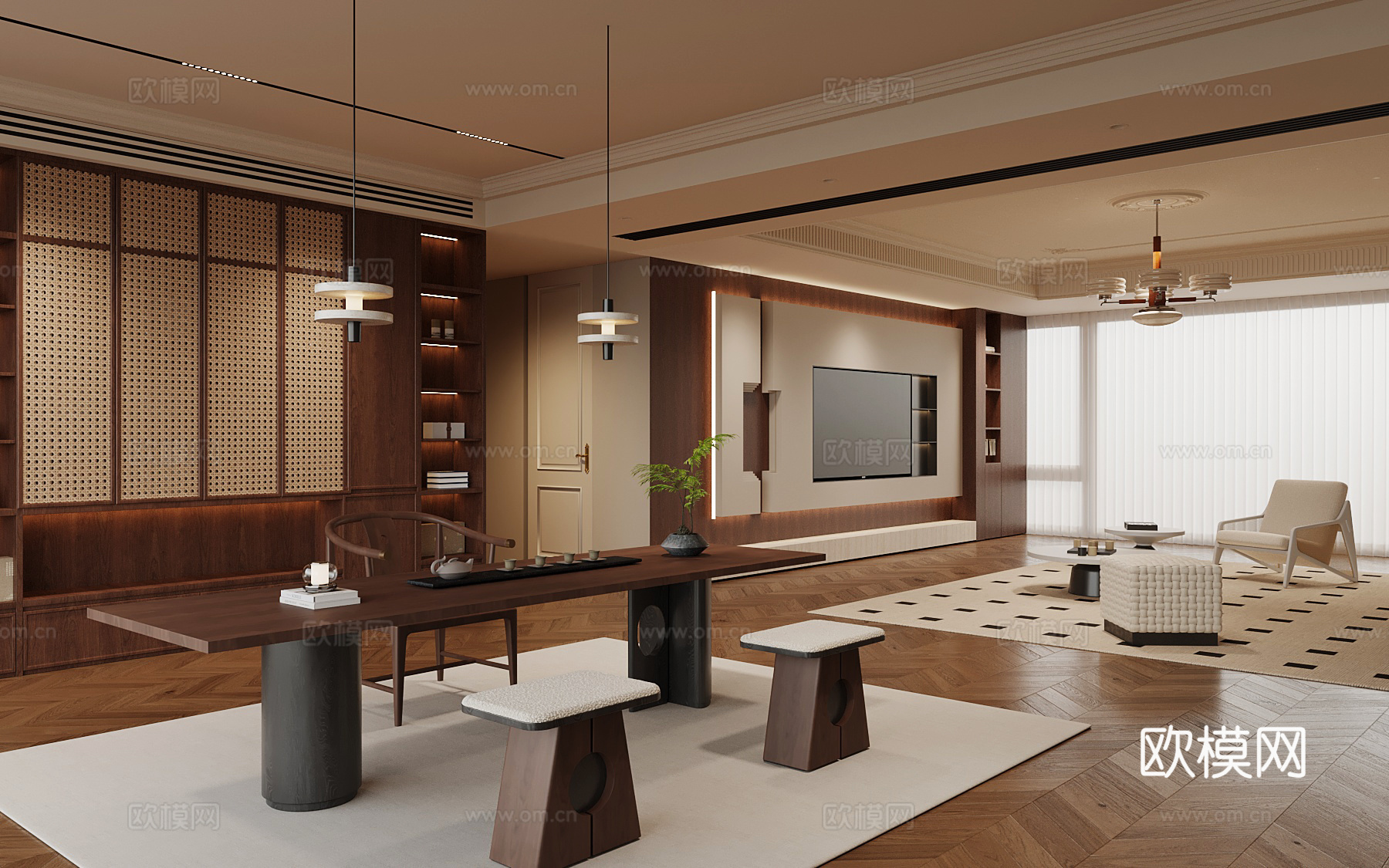 中古风家居客厅 茶室 沙发茶几组合 电视背景墙su模型