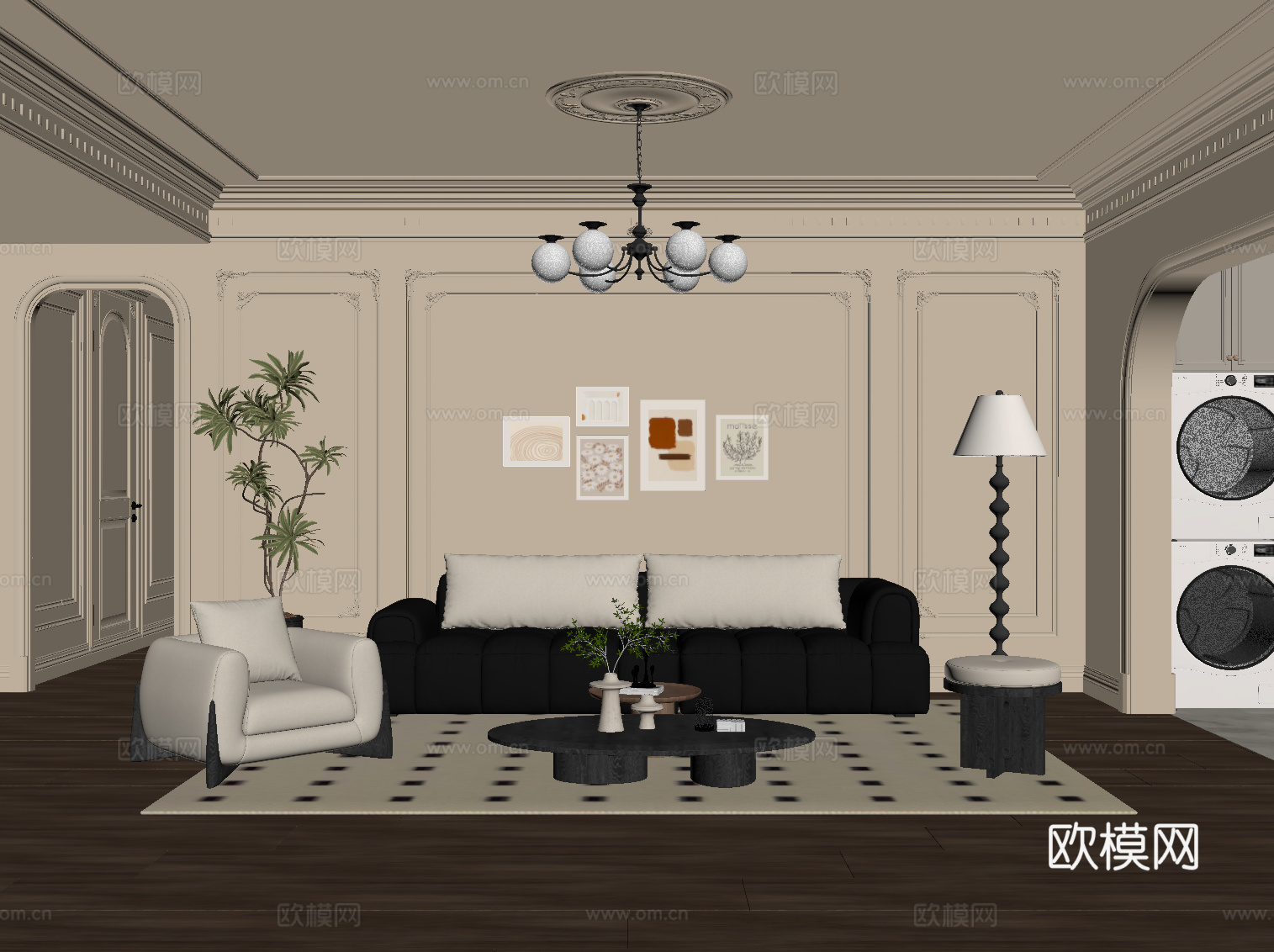 法式客厅 沙发茶几组合 背景墙su模型