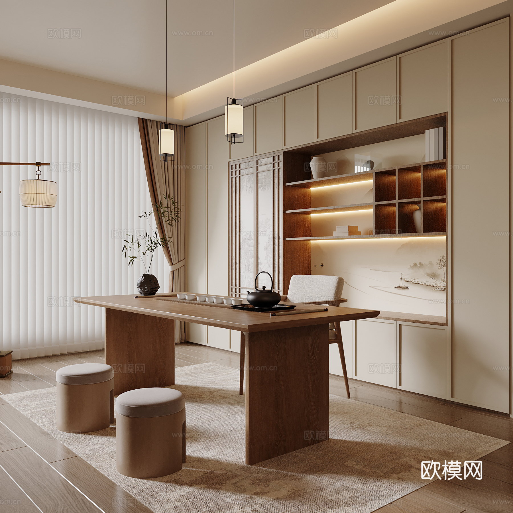 新中式书房 书桌椅 书柜 宋氏书房 茶室su模型