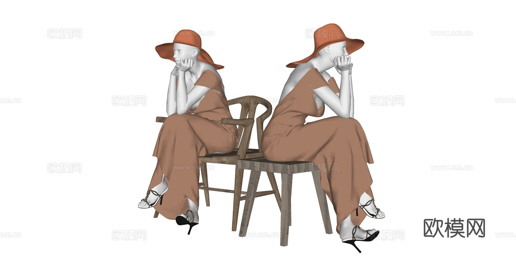 现代优雅女性坐姿人体模特 橙色长裙戴帽 宽檐帽 服装道具su模型