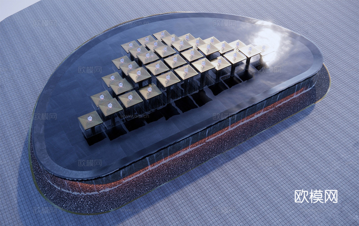 现代轻奢水景 入口环岛水景 酒店式环岛水景 方块水钵水景su模型下载（渲染图1）