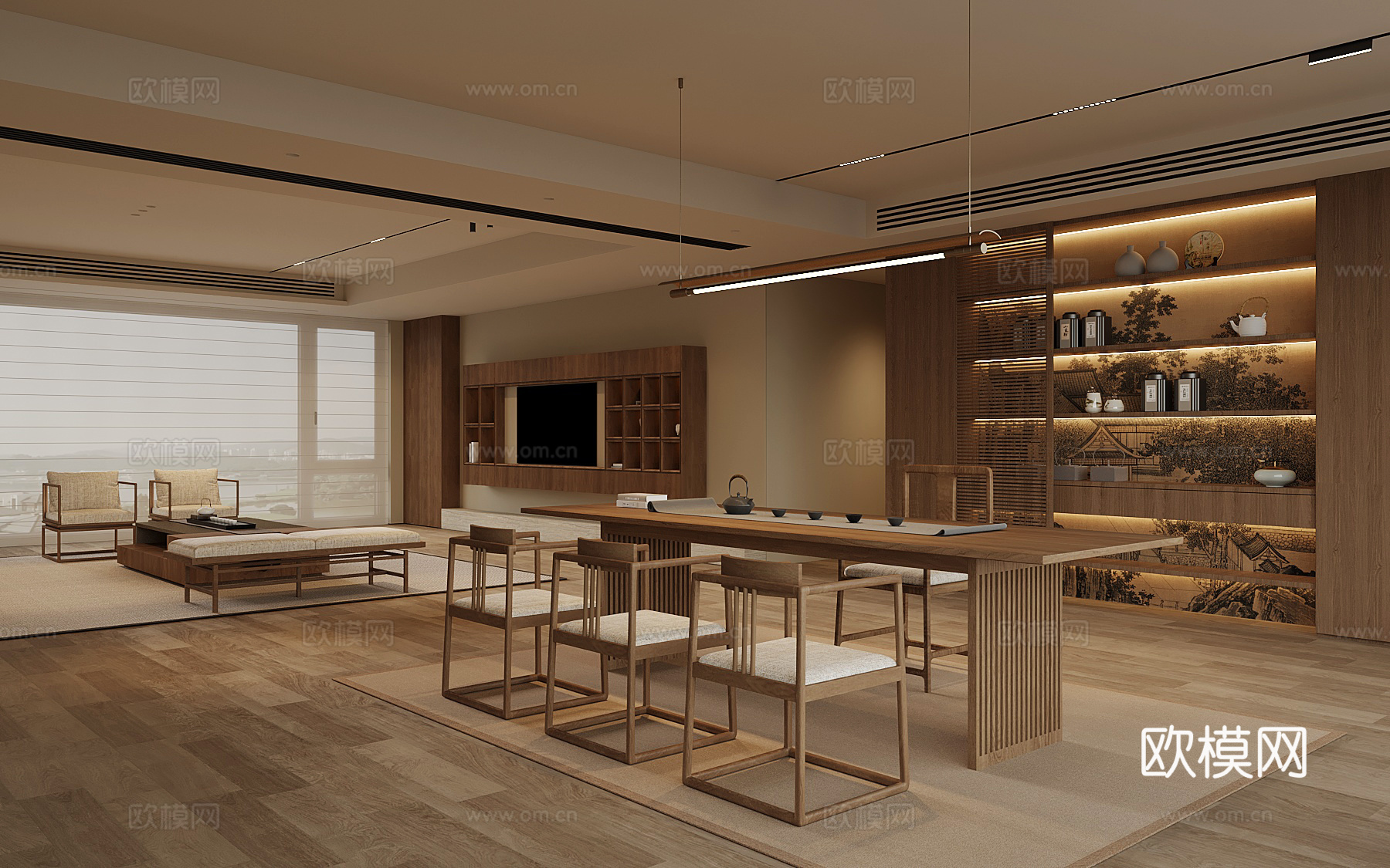 新中式家居客厅 沙发茶几组合 电视背景墙 茶室3d模型