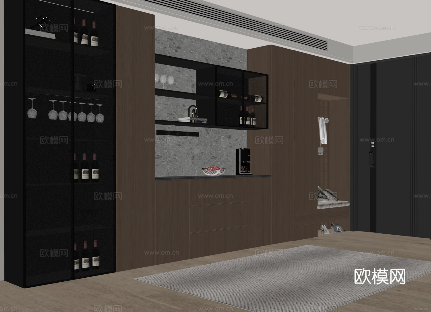 现代意式鞋柜酒柜一体柜 玻璃酒柜 半开放式鞋柜酒柜su模型下载（渲染图1）