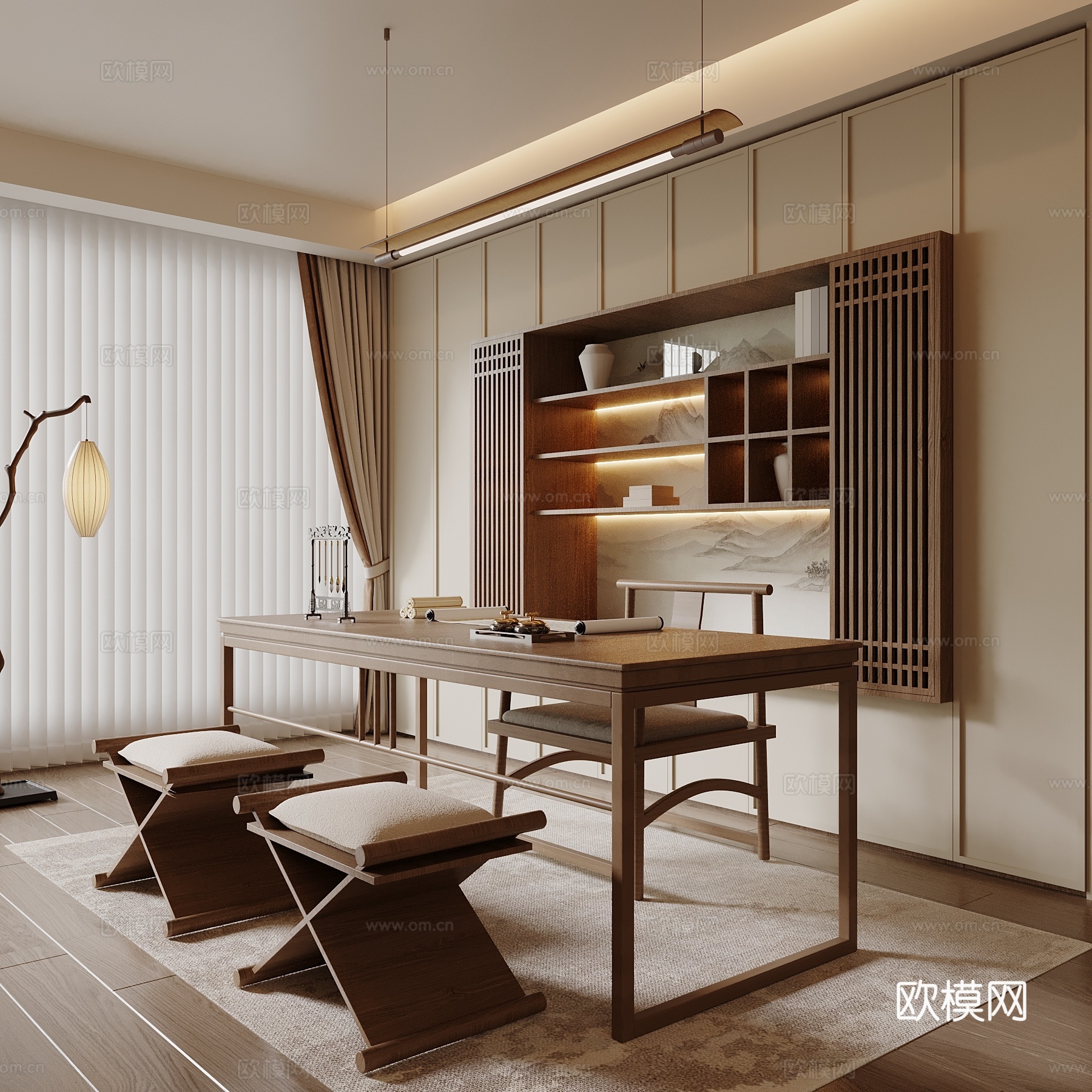 新中式书房 书桌椅 书柜 宋氏书房 茶室su模型