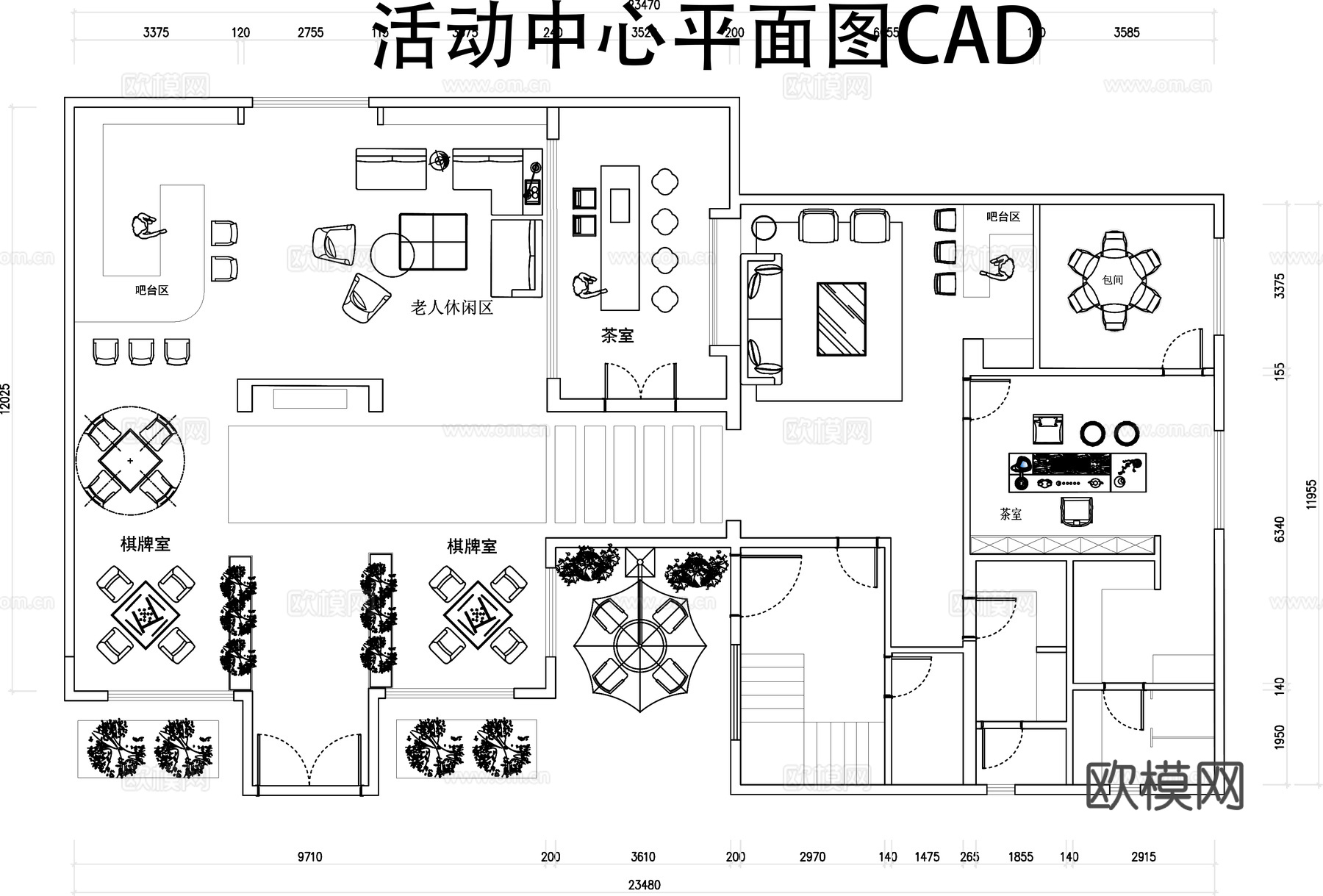 活动中心平面图cad施工图下载