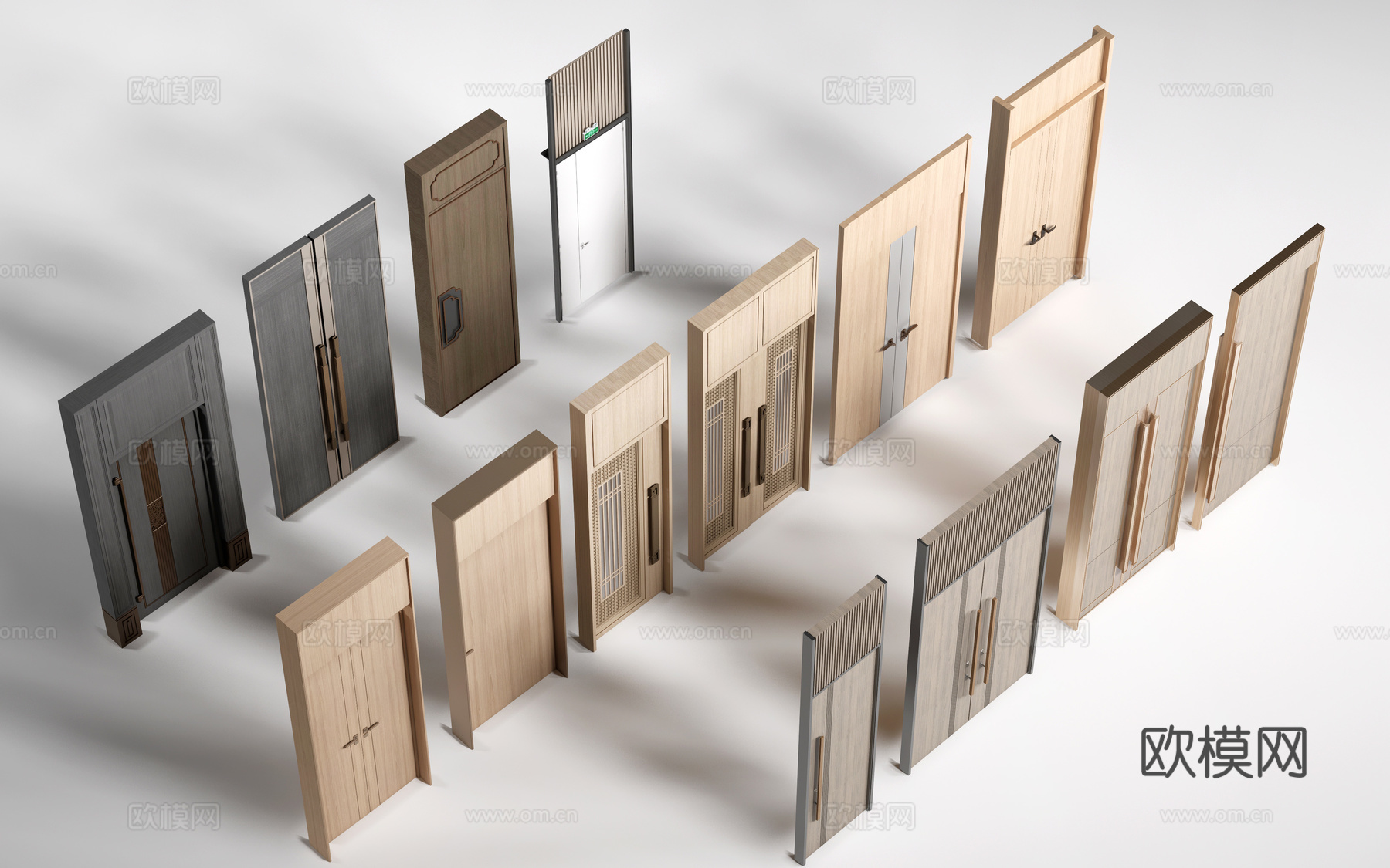 新中式木门 宴会厅门 会议室木门 平开门su模型