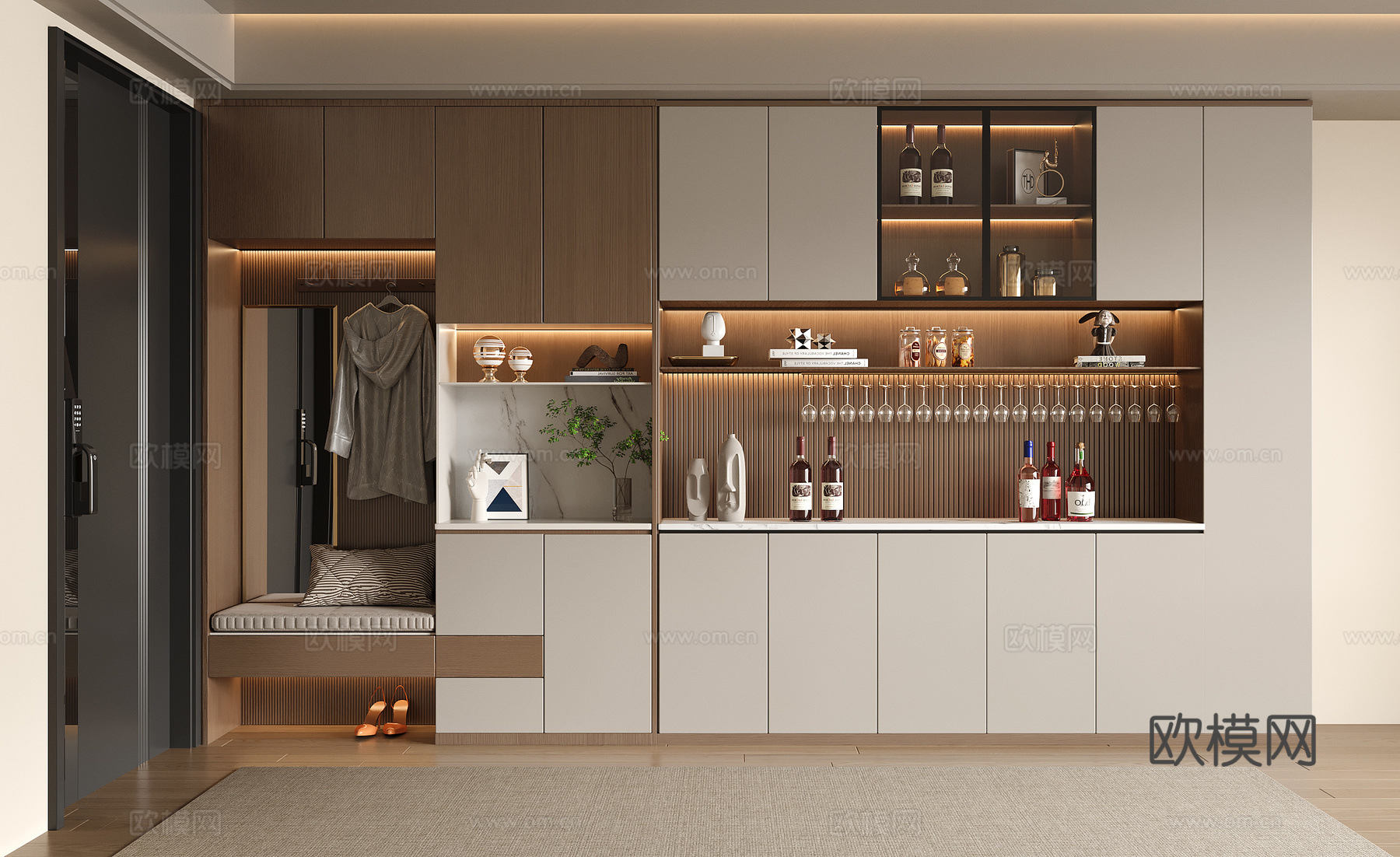 现代入户鞋柜酒柜一体柜 餐边柜 鞋柜 装饰柜su模型下载（渲染图2）