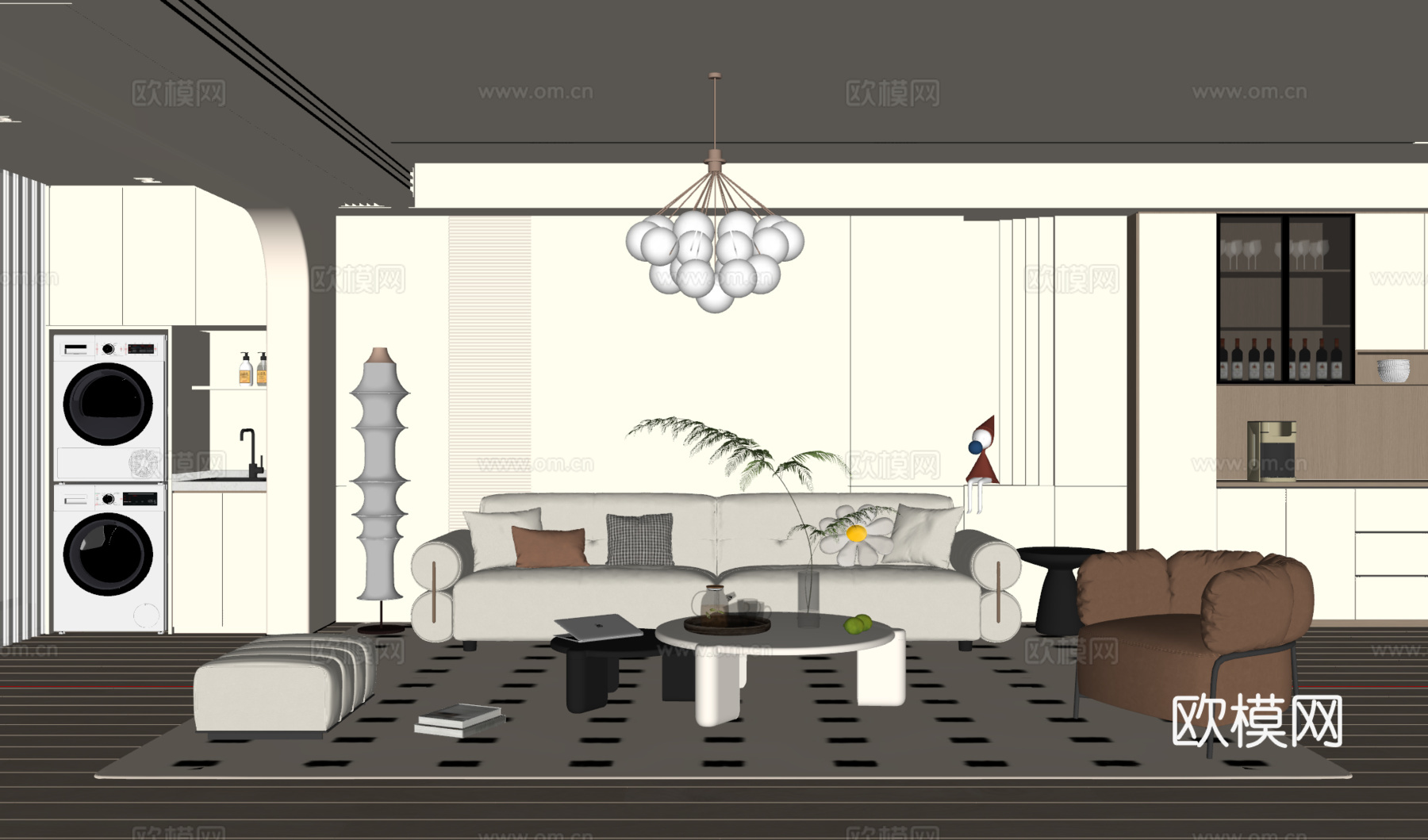 现代奶油风客厅 沙发茶几 多人沙发 吊灯 落地灯 地毯su模型