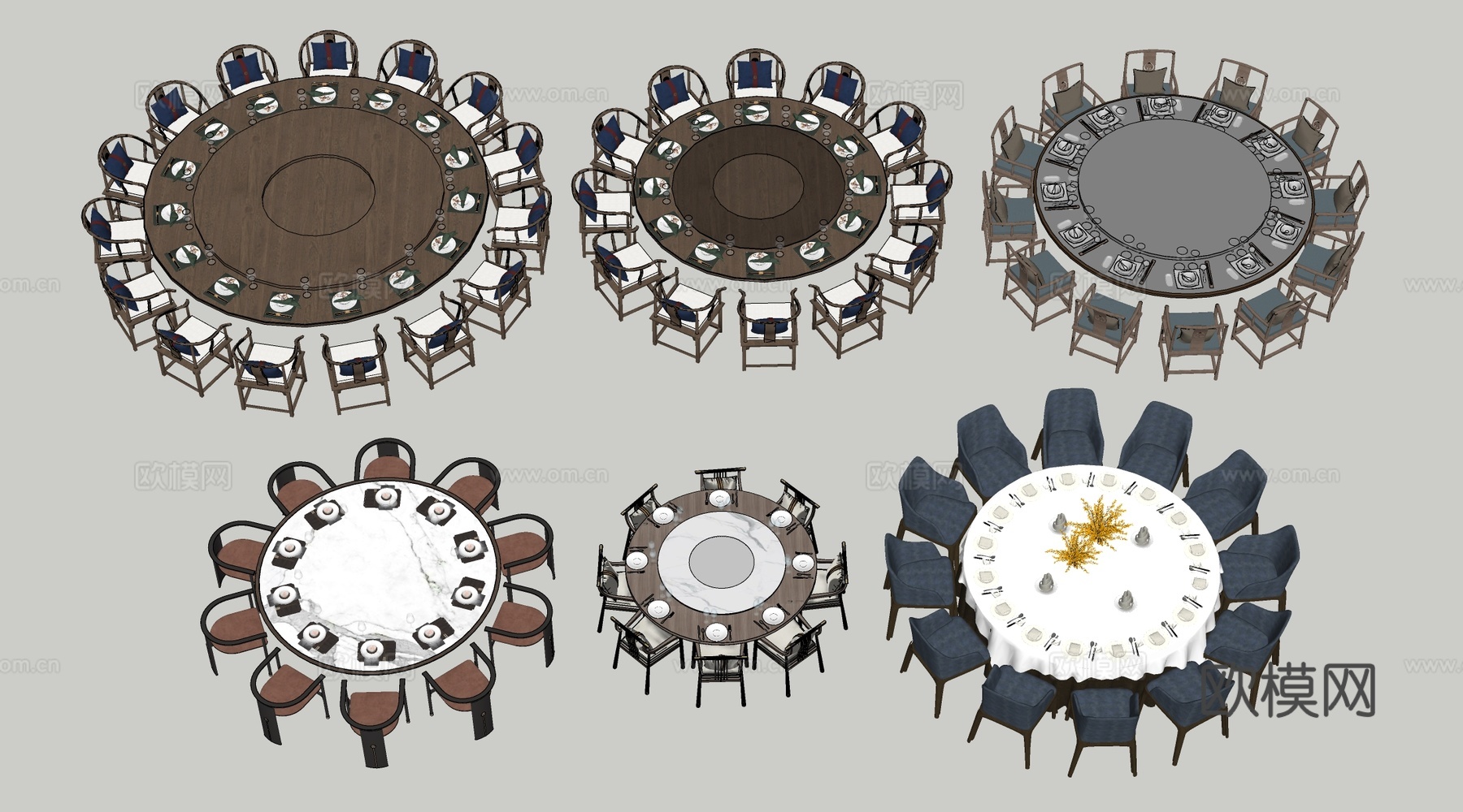 现代圆形餐桌椅 包厢桌椅 包间餐桌su模型