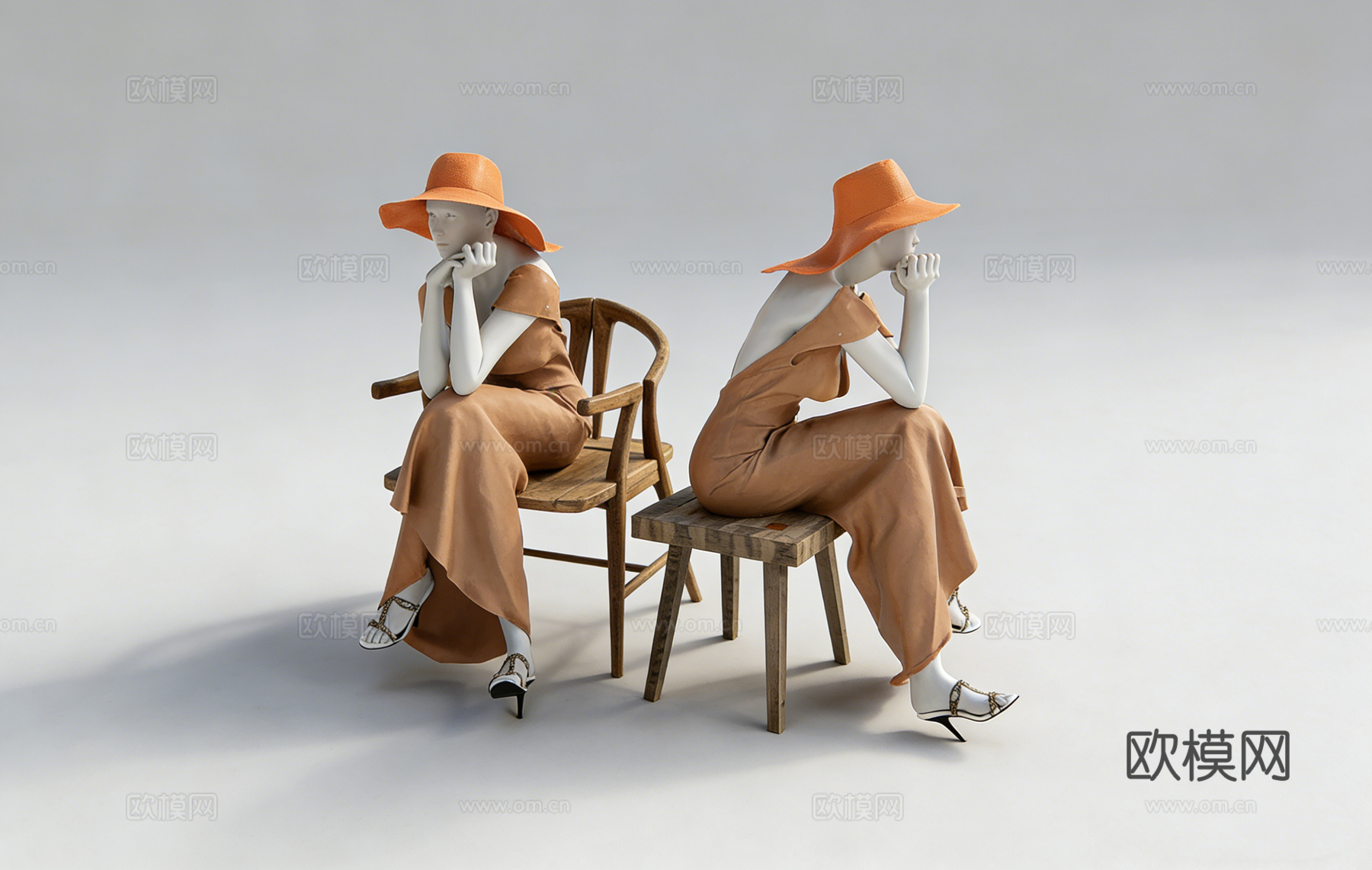 现代优雅女性坐姿人体模特 橙色长裙戴帽 宽檐帽 服装道具su模型