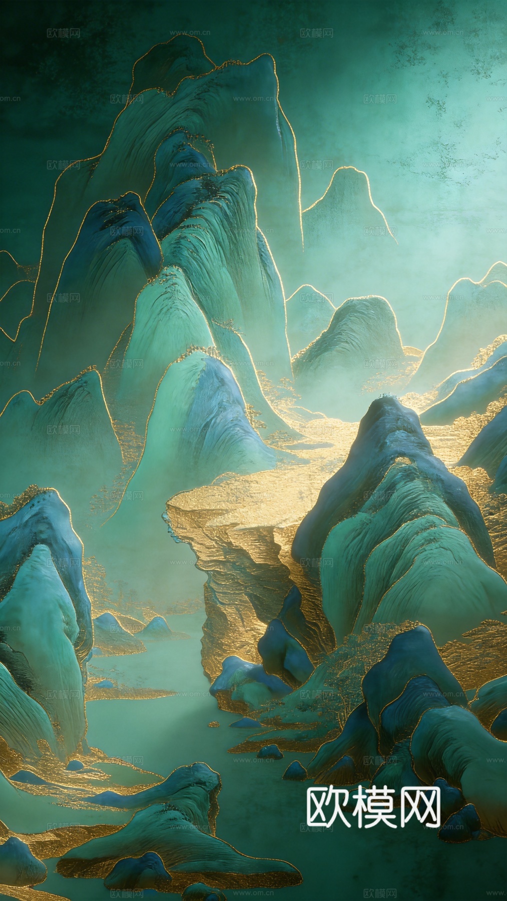 新中式青绿山水金箔肌理下载