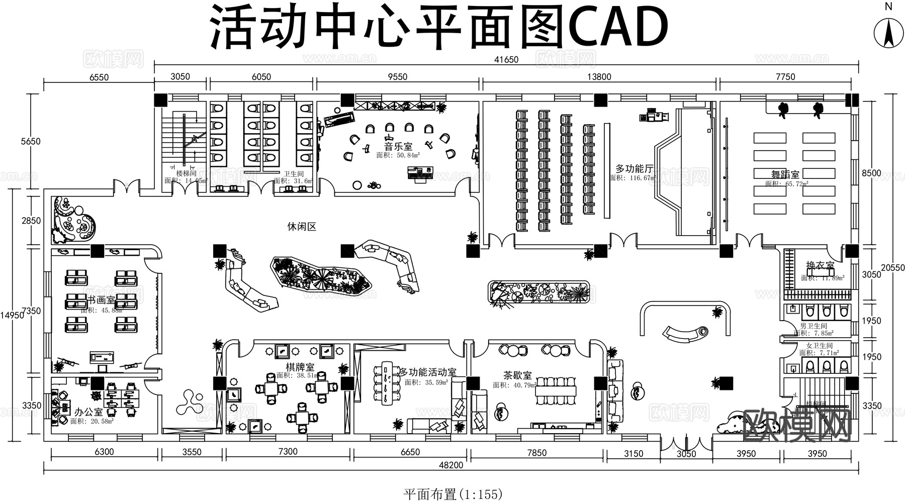 活动中心平面图cad施工图下载