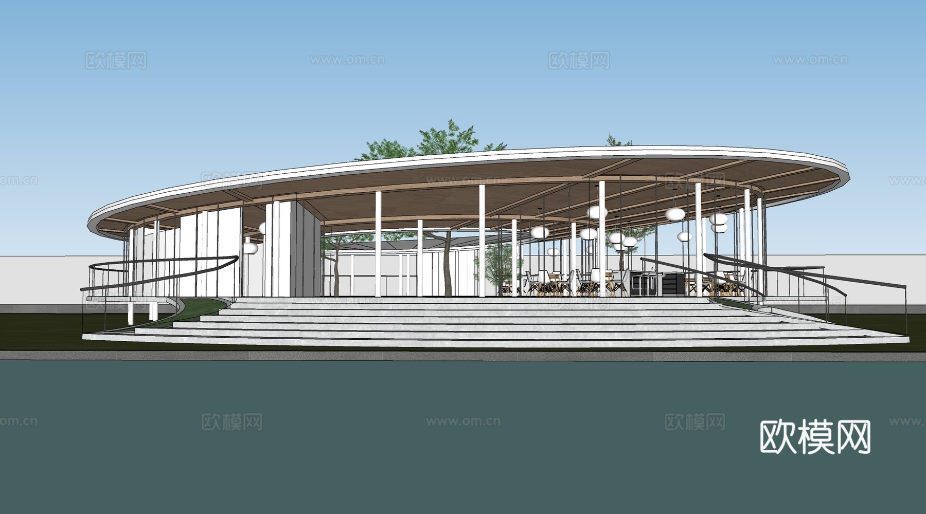 现代圆形驿站建筑 咖啡厅建筑 小公建 游客中心建筑su模型