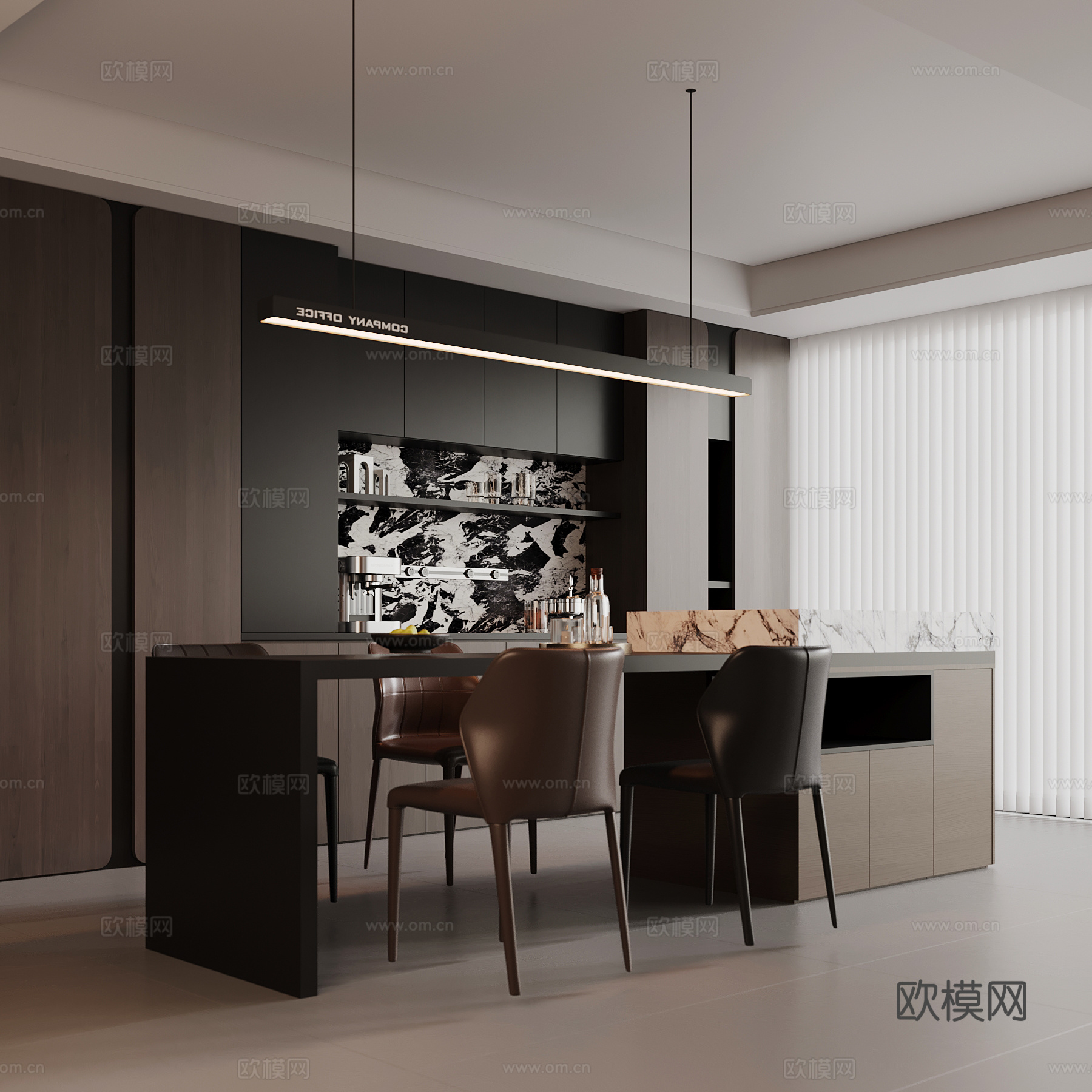 现代意式餐厅 餐桌椅 酒柜 岛台3d模型