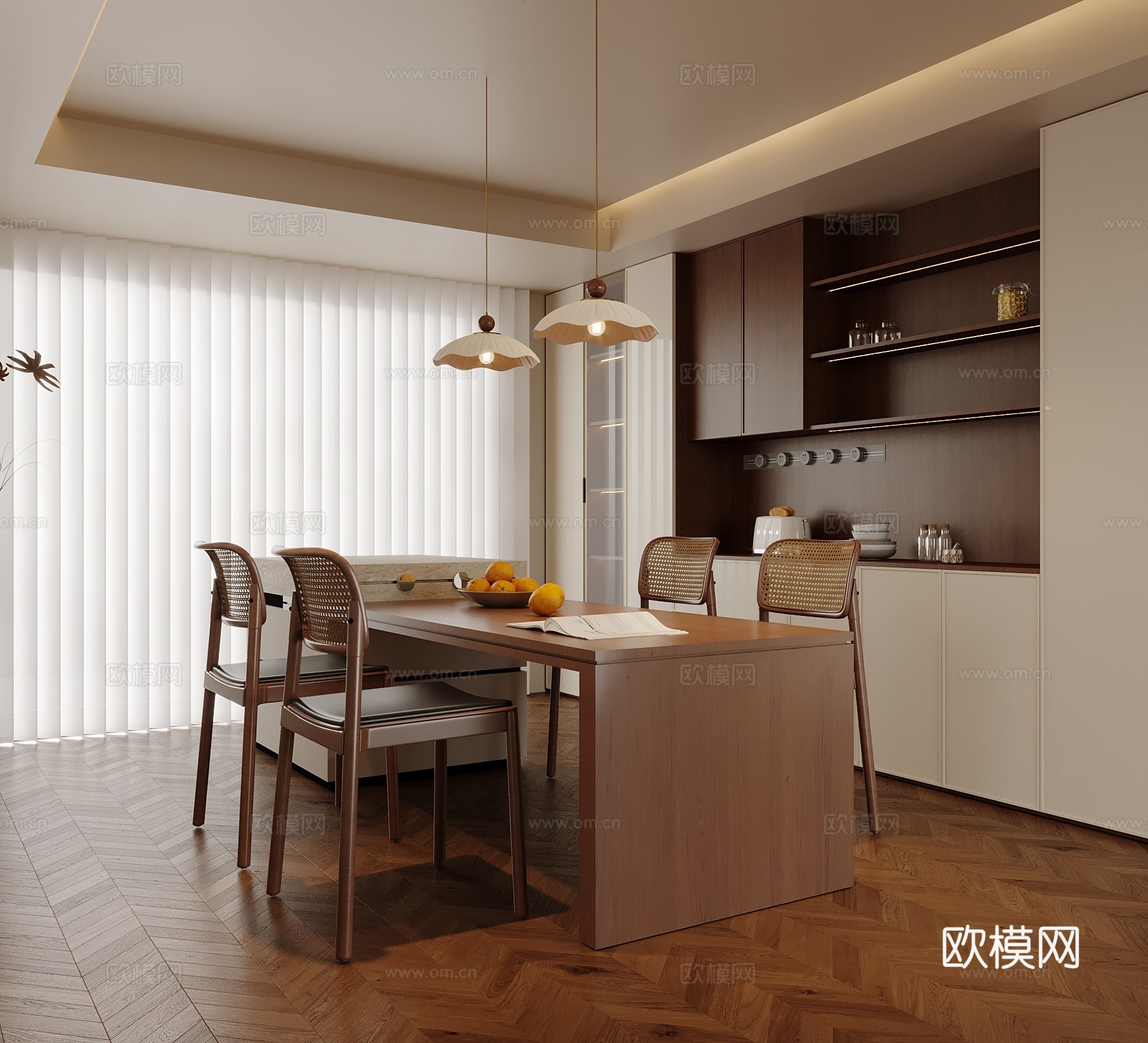 中古风餐厅 餐桌椅 岛台 酒柜su模型
