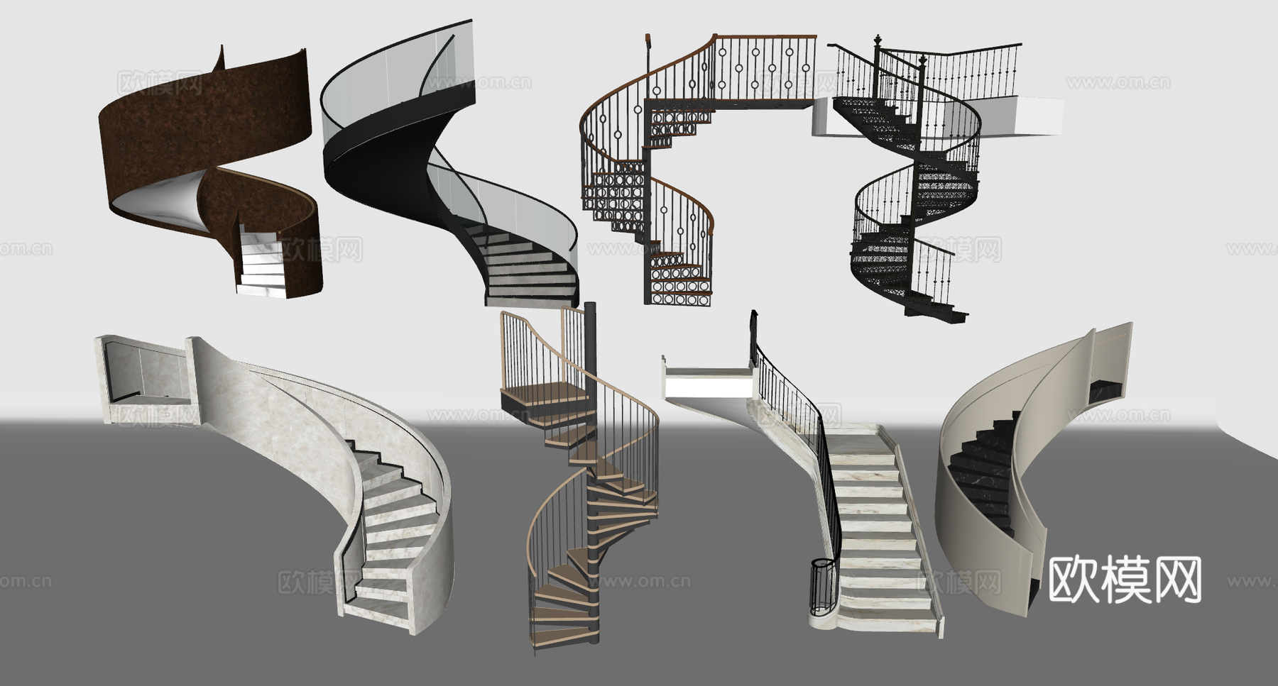 现代旋转楼梯组合 美式扶手楼梯 现代简约楼梯 侘寂风楼梯su模型下载（渲染图2）
