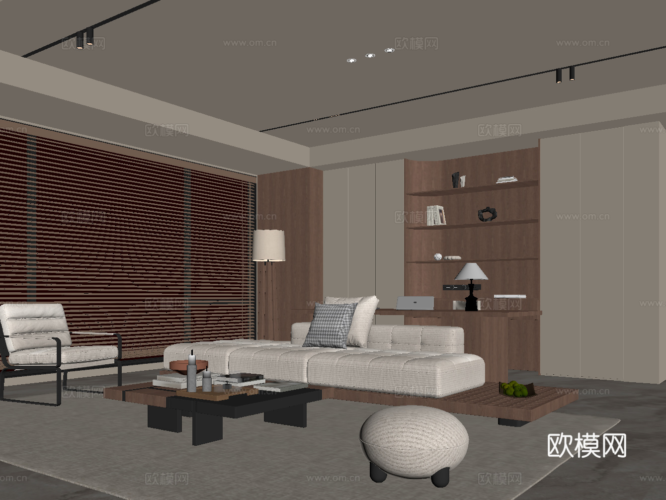 中古风家居客厅 书柜 沙发茶几组合su模型