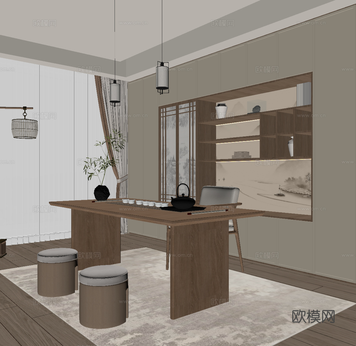 新中式书房 书桌椅 书柜 宋氏书房 茶室su模型