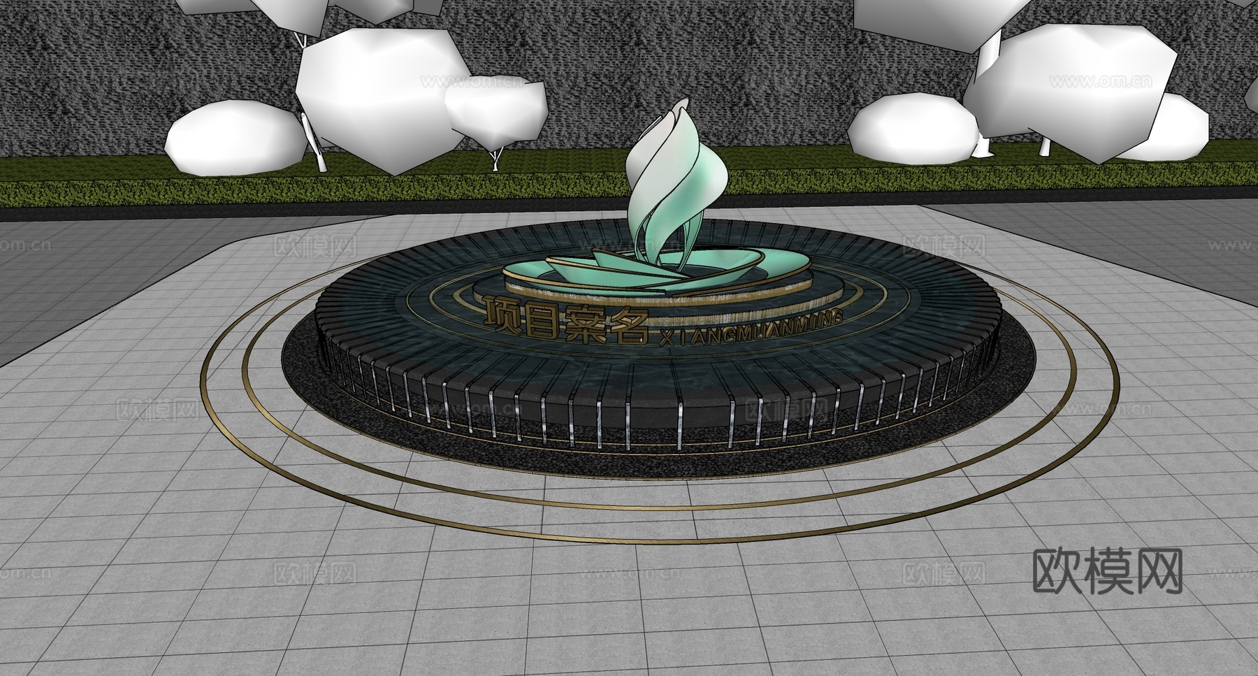 现代圆形镜面水景 喷泉景观喷泉su模型下载（渲染图2）