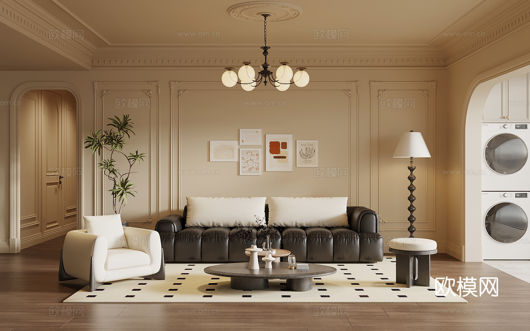 法式客厅 沙发茶几组合 背景墙su模型