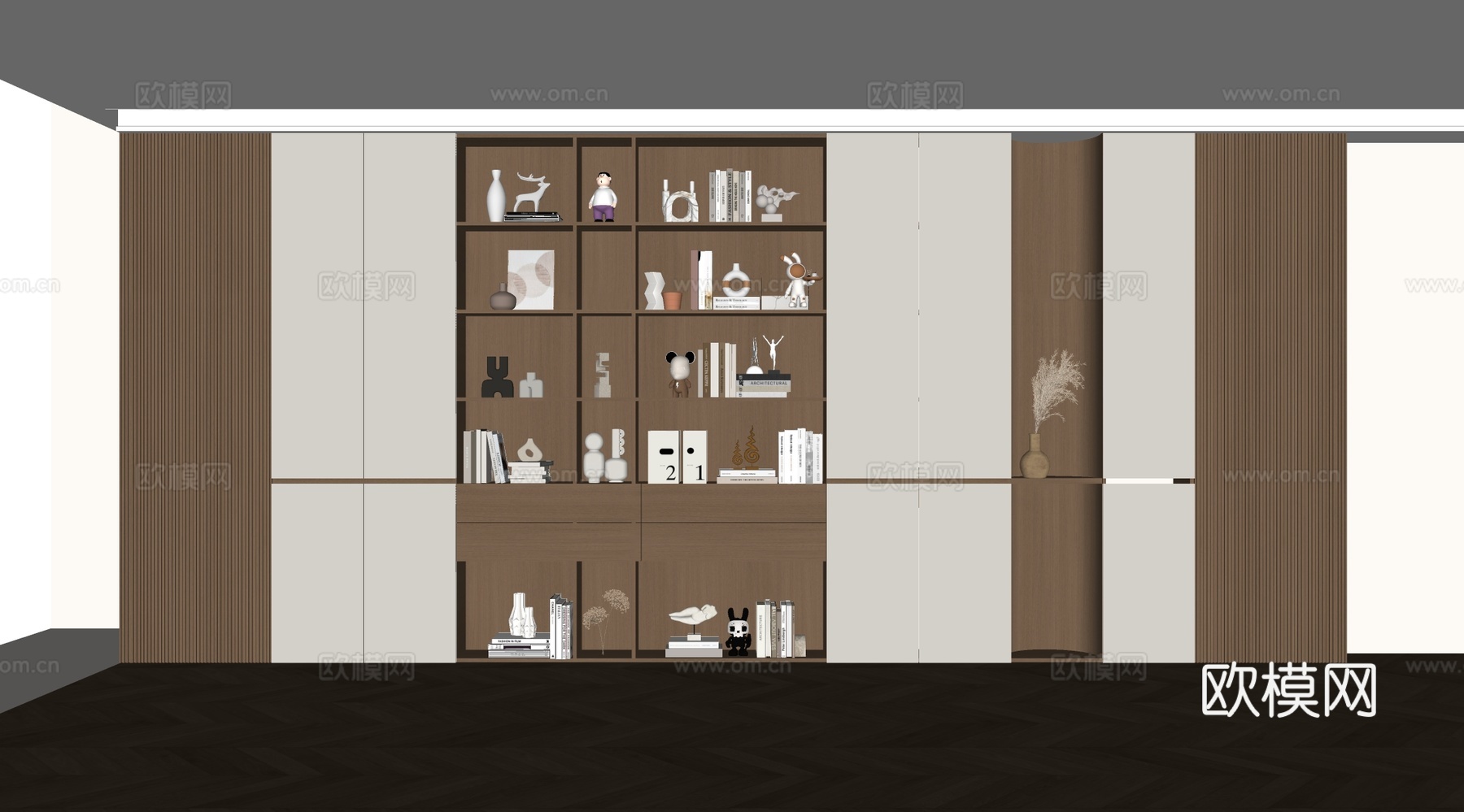 现代书柜 储物柜 背景柜 书籍摆件组合 装饰柜su模型下载（渲染图2）