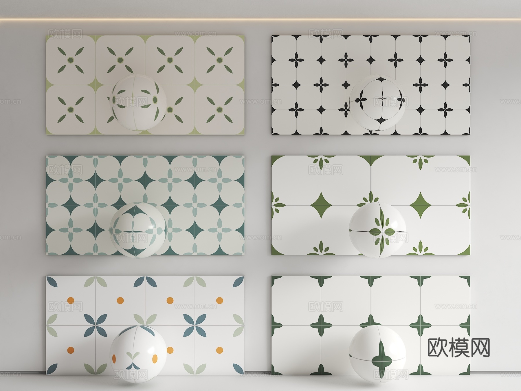 小花砖 中古花纹砖 绿色花砖 卫生间瓷砖 小清新花砖 花纹砖su模型下载（渲染图1）