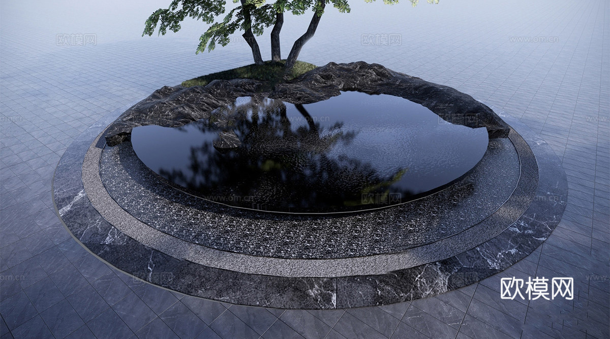 现代水景 现代主入口水景 现代圆形水景su模型下载（渲染图1）