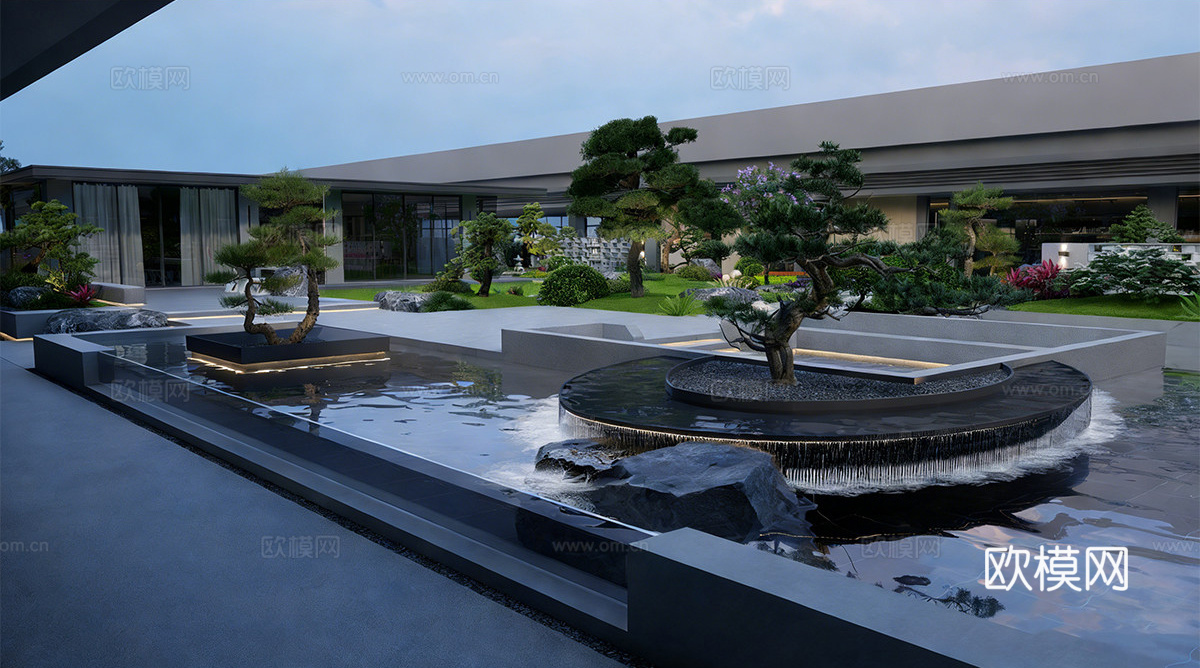 现代屋顶花园 现代天台花园 镜面水池 现代凉亭su模型下载（渲染图1）